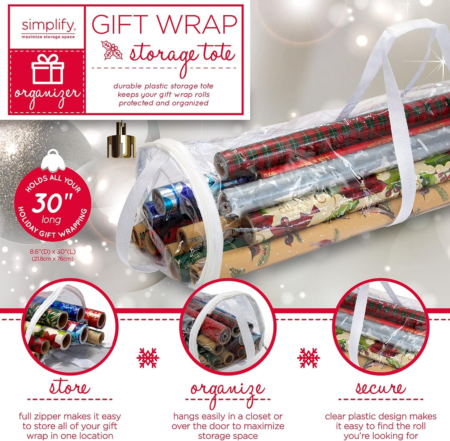Simplify Clear Gift Wrap Storage Bag - Holds 30" Long Wrapping Paper Rolls | Zipper Closure | Red