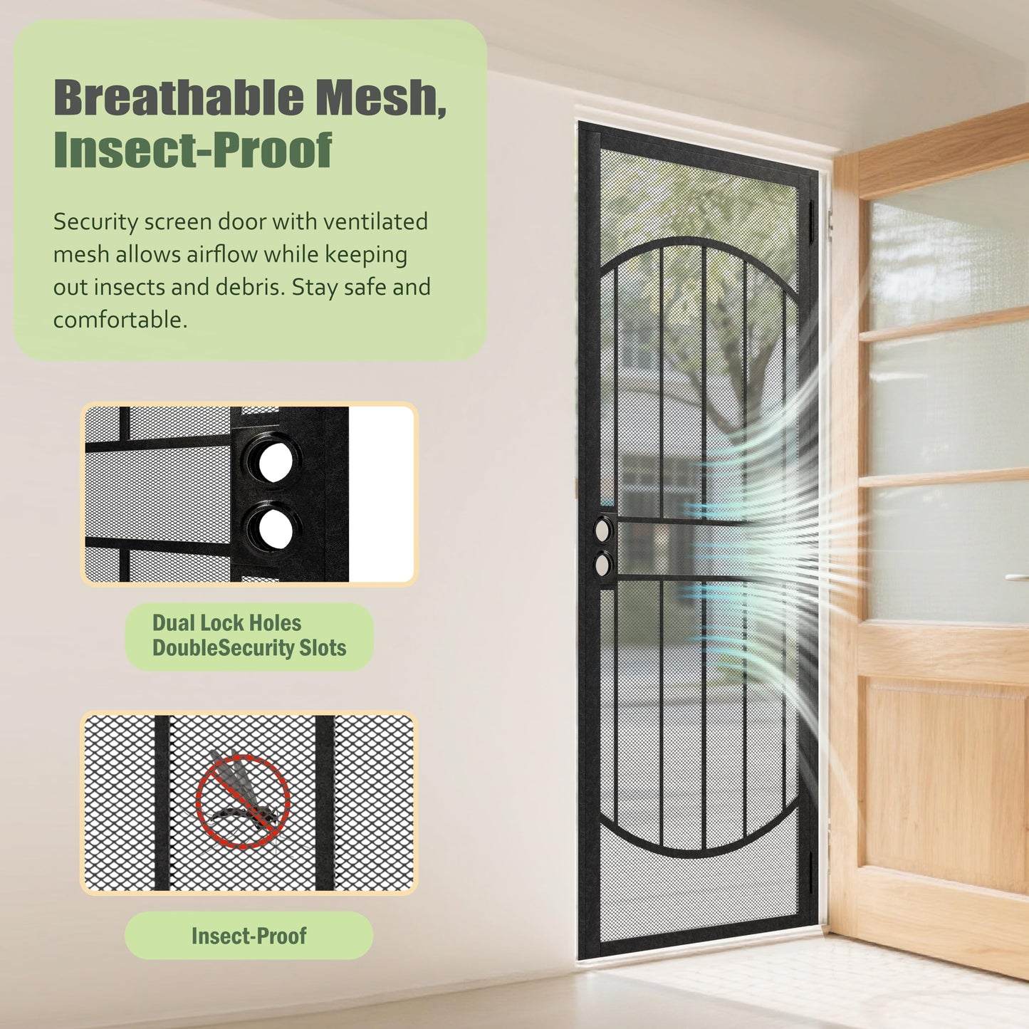 Lakenyon Steel Security Door, 32" x 80" Screen-Style Exterior Door, Electrophoretic E-Coated Steel & White Pine Wood Construction, Non-Handed, Bronze