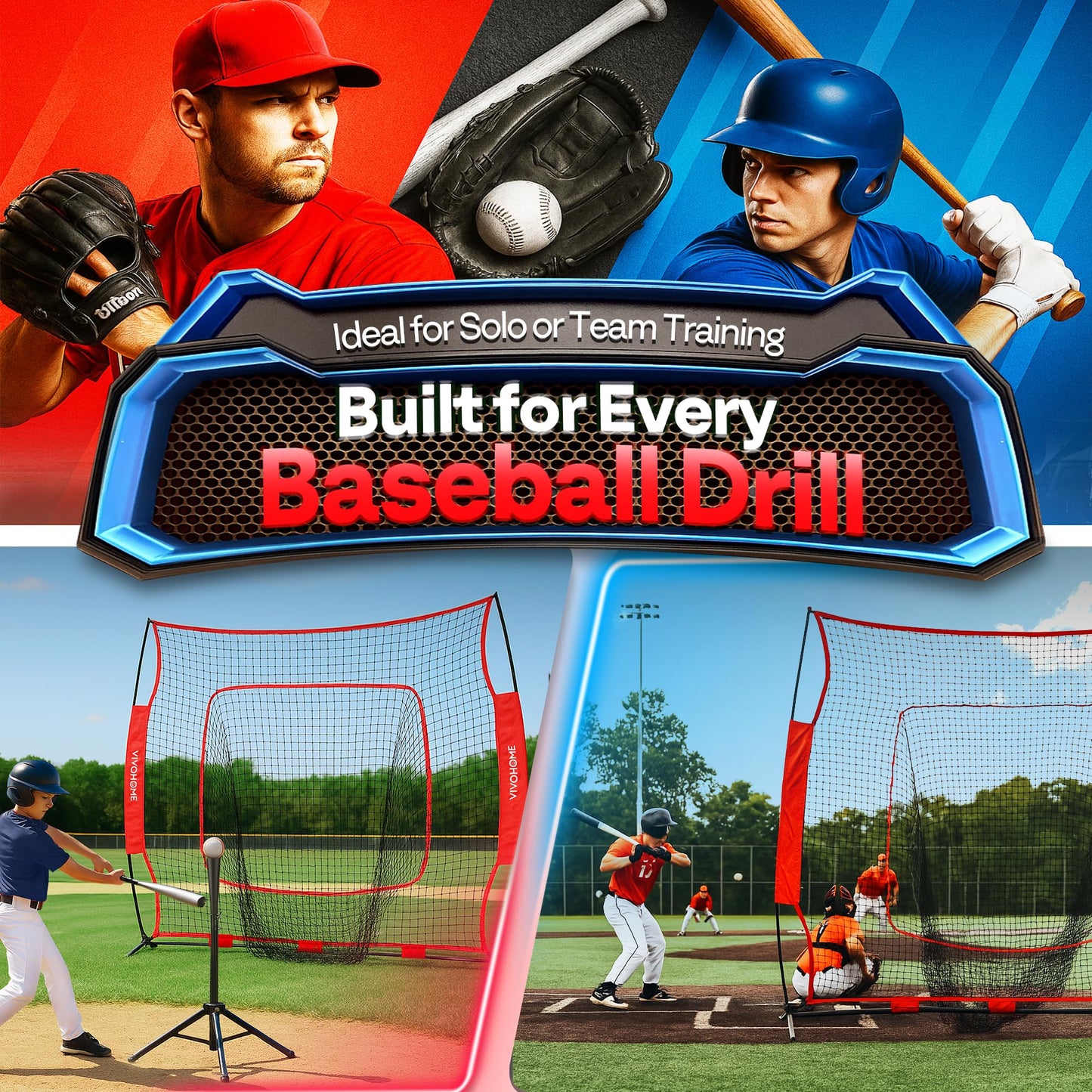 VIVOHOME Baseball Softball Batting Net - 7x7 Ft Baseball Backstop, Softball Practice Net for Hitting, Pitching, Throwing with Batting Tee and Carry Bag, Red