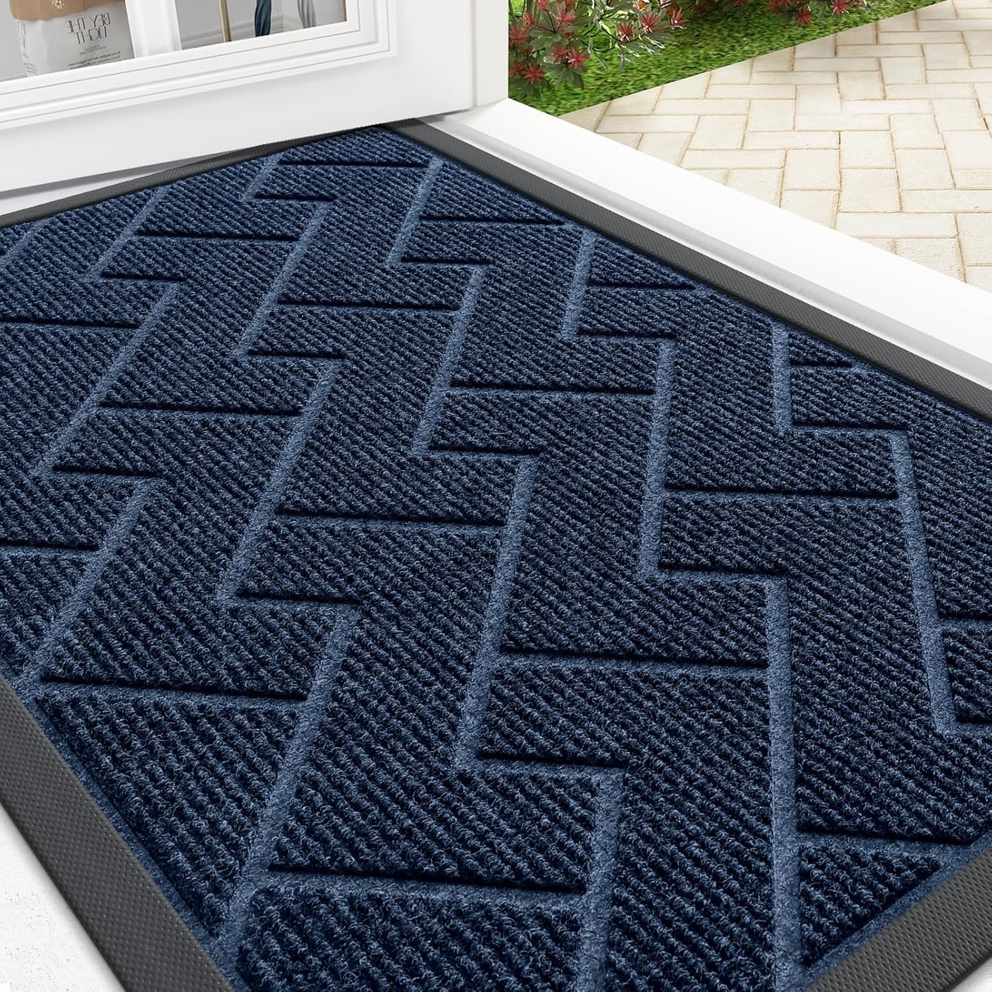 OLANLY Waterproof Front Door Mat | All-Season Herringbone Design | Easy Clean Natural Rubber | 29.5"x17" (Blue)