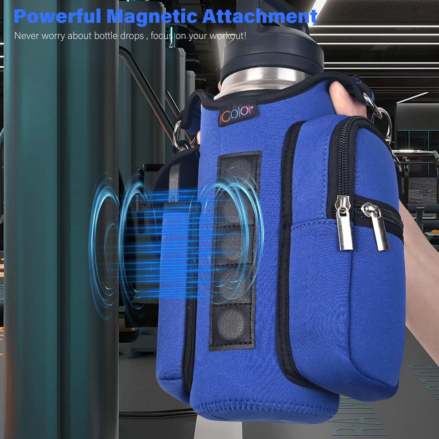 icolor Magnetic Gym Bag Water Bottle Carrier Holder with Phone Pockets & Shoulder Strap,Gym Magnetic Bag 5 Built-in Magnets Gym Accessories Organizer Pouch Sling Sleeve for Men Women