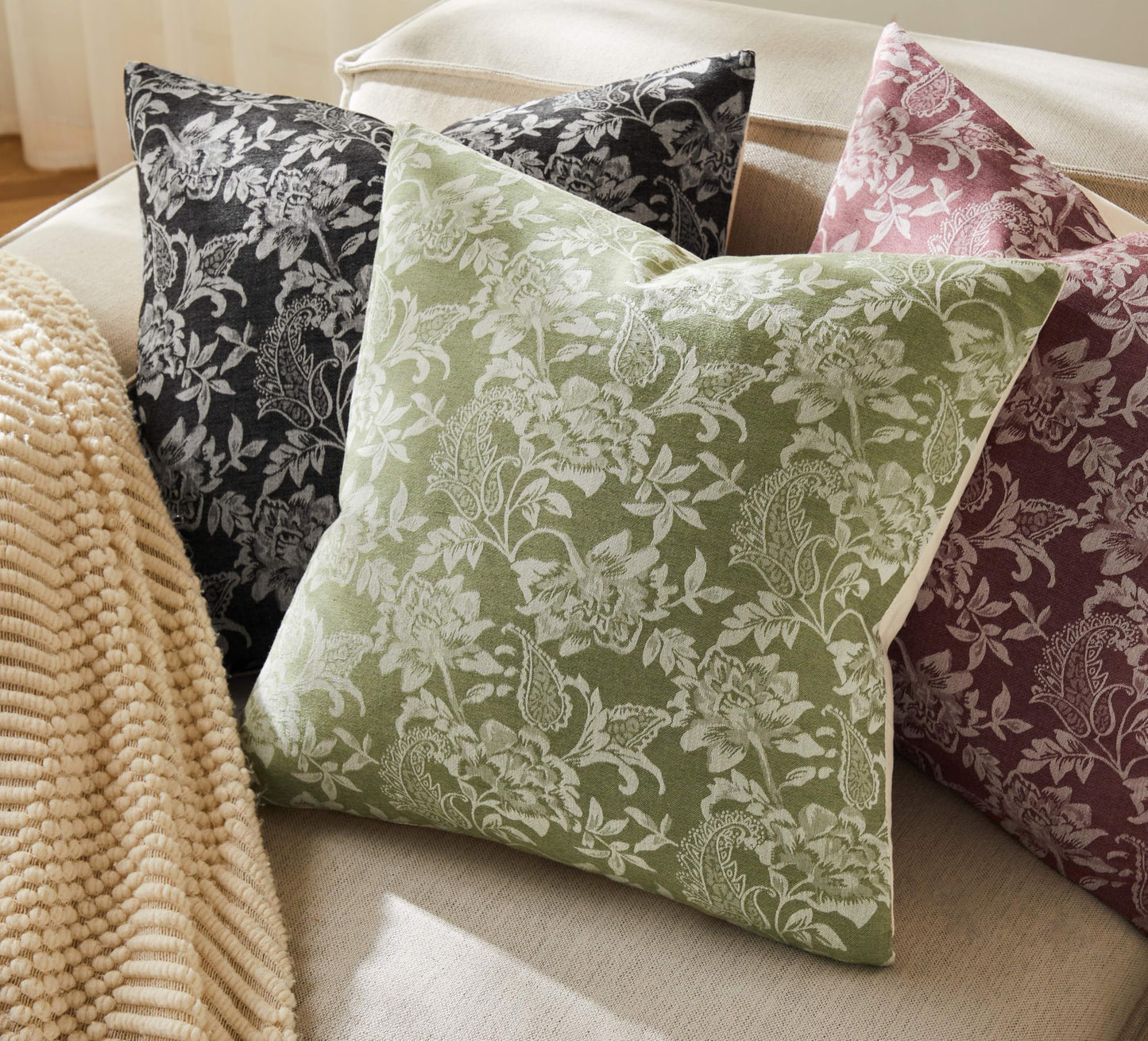 YZJZEDS Floral Jacquard Throw Pillow Covers Set of 2, Background/Green 18x18 Inch, Farmhouse Decorative Cotton Sage Green Cushion Covers for Sofa Bed Living Room Home Decor