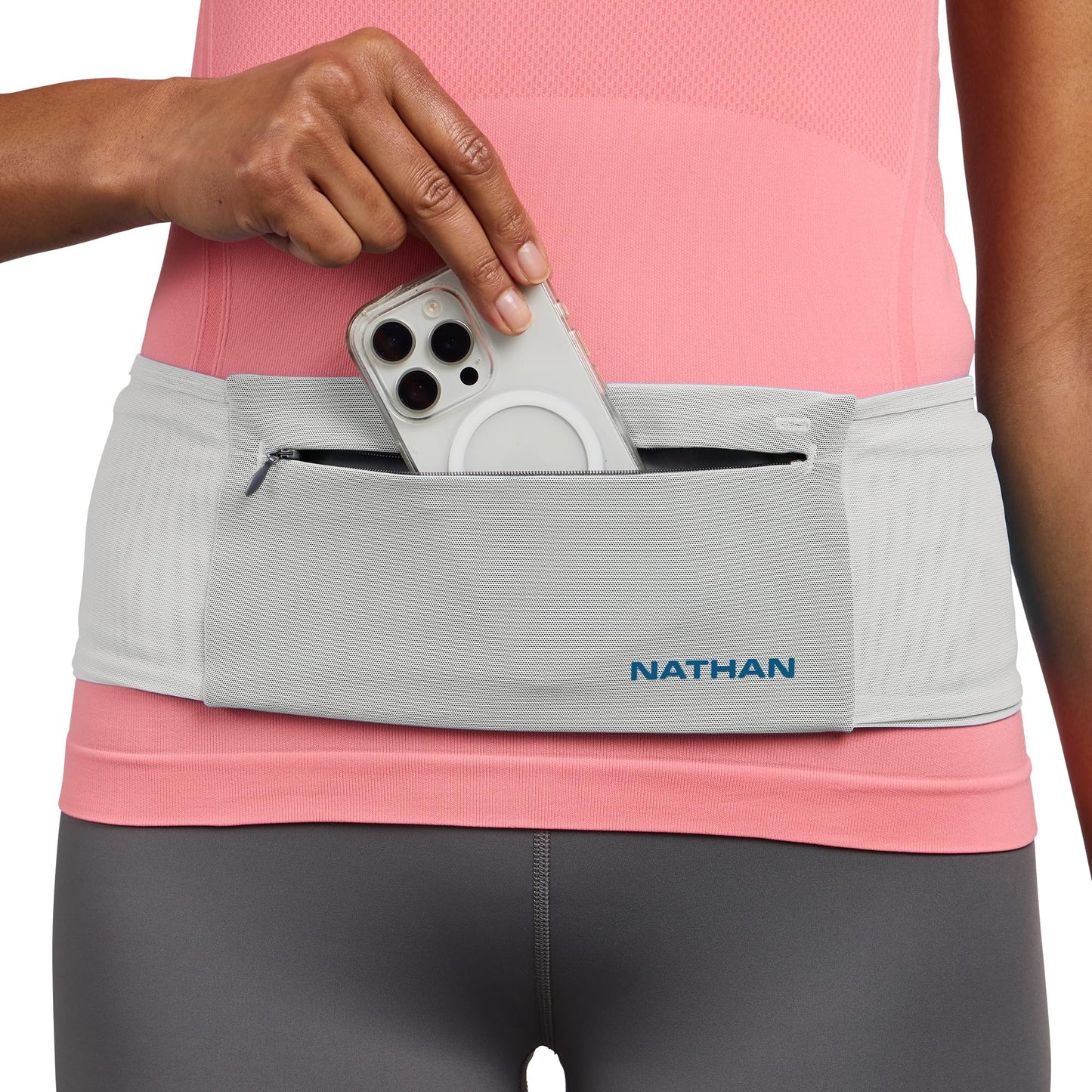 Nathan Zipster Max Running Belt, Running Belts for Women and Men, Bounce-Free Waist Pack with Extra Large Zipper Pocket, Smartphone Storage, Walking, Gym, Hiking - Vapor Grey/Sailor Blue - Large