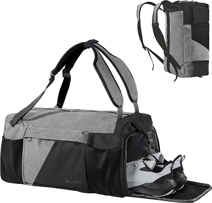 Gym Bag for Men with Shoes Compartment and Wet Pocket Convertible Duffle Bag and Gym Backpack Waterproof Sports Bag with 2 Bottle Holders Weekender Overnight Bag - Black&Grey