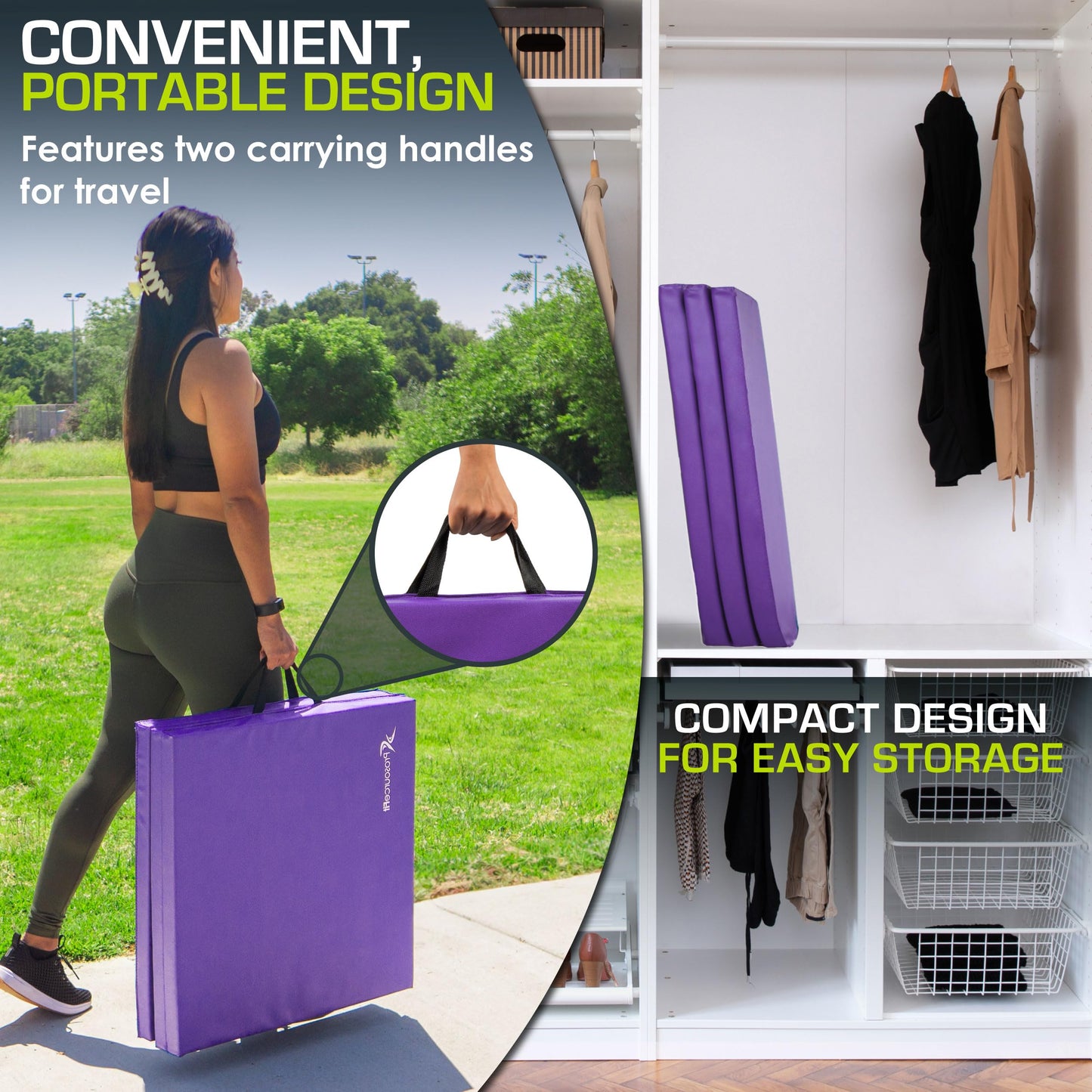 ProsourceFit Tri-Fold Folding Thick Exercise Mat 6'x2' with Carrying Handles for MMA, Gymnastics, Stretching, Core Workouts, Purple