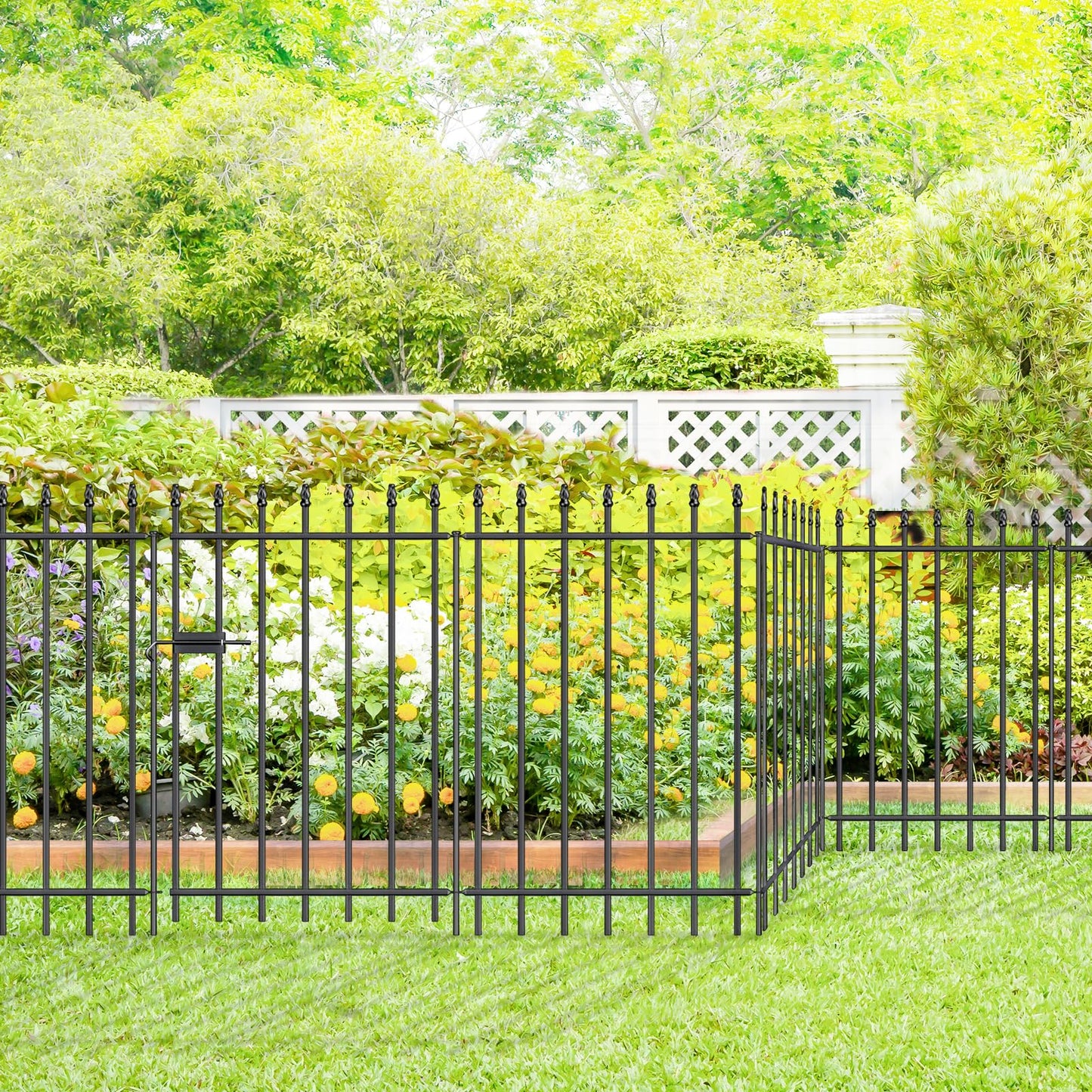 FOREHOGAR Metal Garden Fence with Gate 36 in H x 10 ft L, 1 Gate + 4 Panels Border Fence Panels Animal Barrier for Dogs, No Dig Garden Fencing for Yard Patio Flower Bed Lawn Outdoor, Black