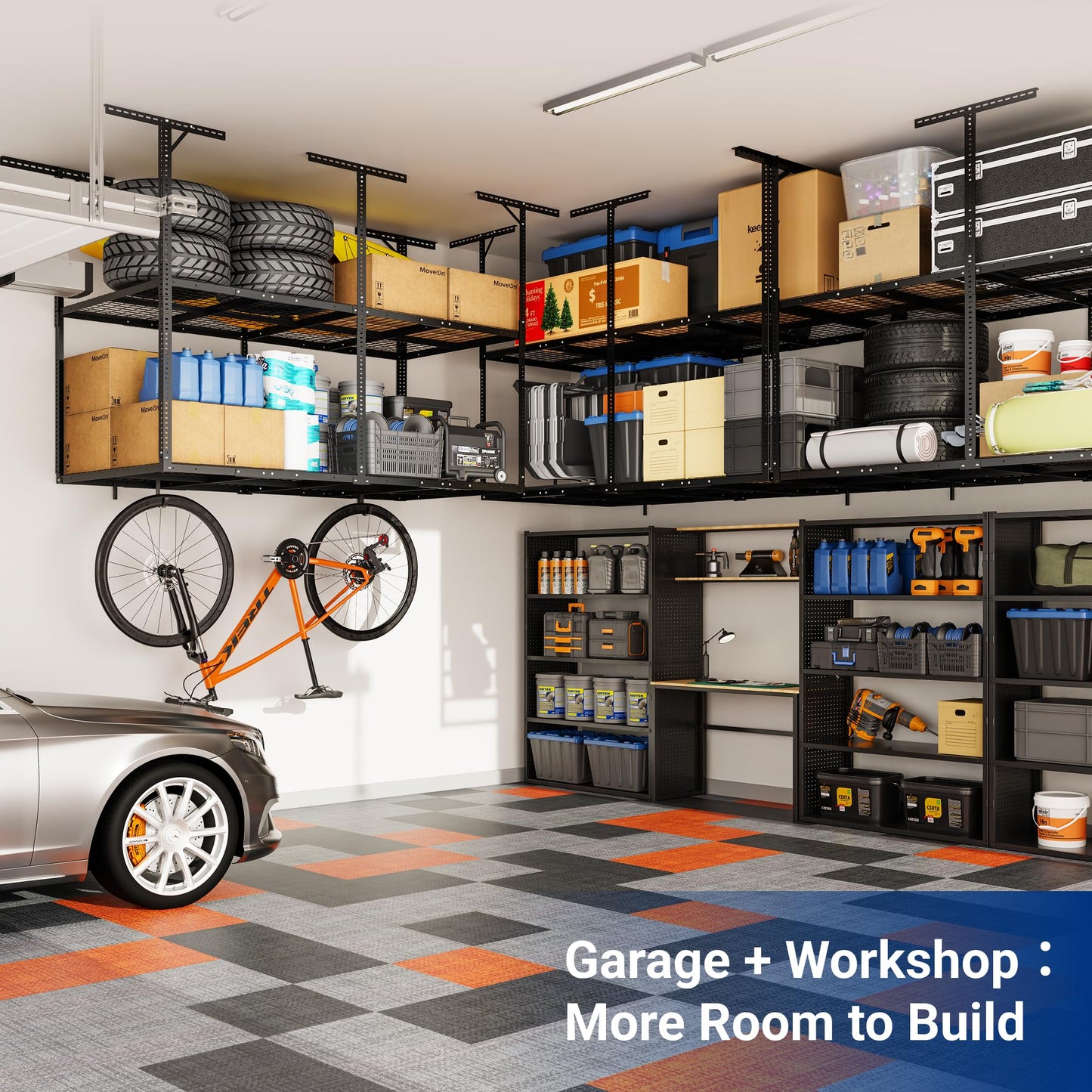 FLEXIMOUNTS 4x8 2-Tier Overhead Garage Storage Rack – Adjustable Heavy Duty Metal Garage Ceiling Storage Racks, 1000 lbs Capacity – Garages Organization System for 9–15 ft Tall Garages, Black