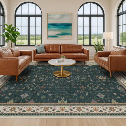 Hazo Haus Dark Green Oushak Area Rug - Modern Vintage Boho Floral Design, 10x14 Washable Non-Slip Extra Large Rug