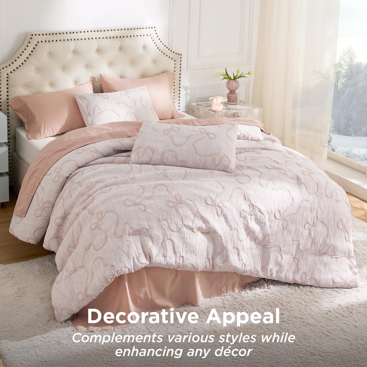 Bedsure Pink Comforter Set Queen, GentleSoft™ 3 Pieces Breathable Bow Comforter Set Women Girls with 2 Pillow Shams, Cute Queen Bedding Sets Pink Room Decor Aesthetic Bedroom Decor, 90x90 Inches