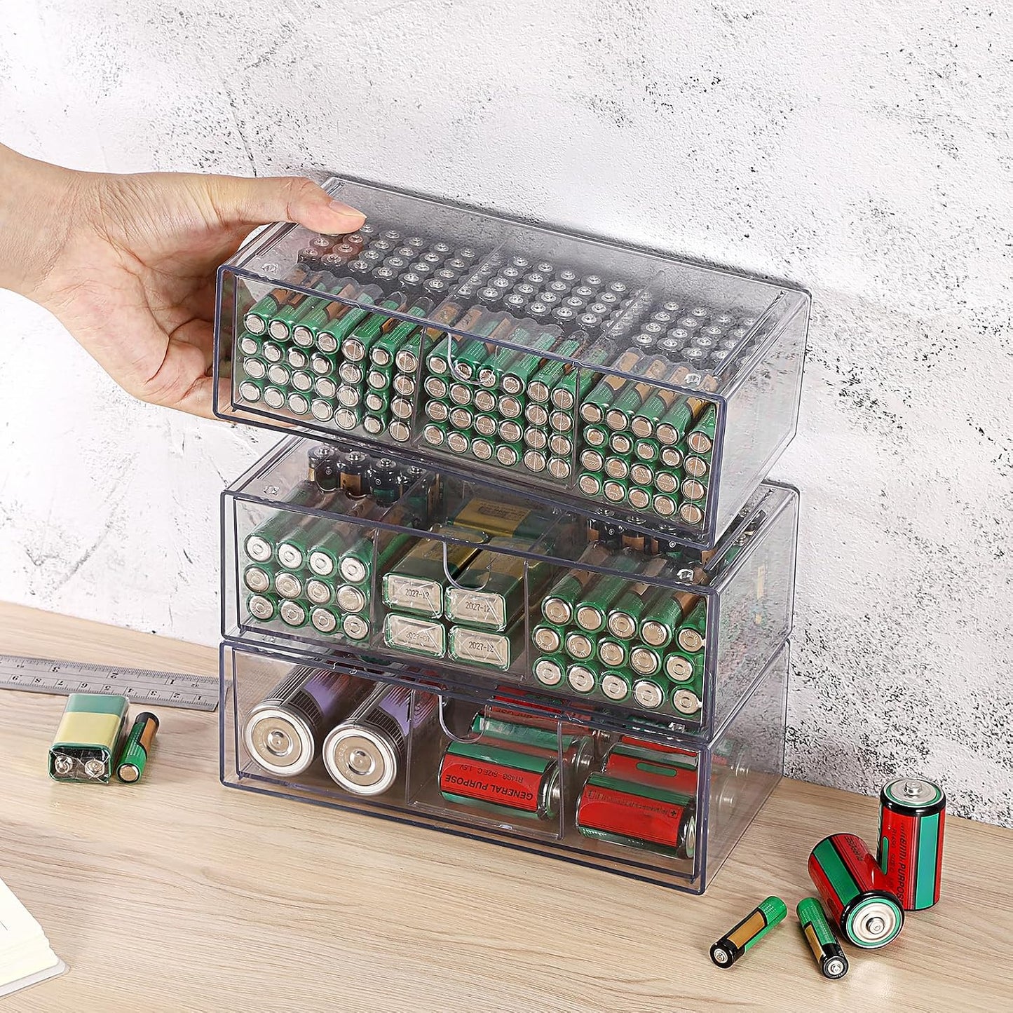 3 Pack 9V, 3-Drawer Common BTSKY Clear Acrylic Battery Storage Organizer for AA, AAA, C, D Batteries, Storage Box