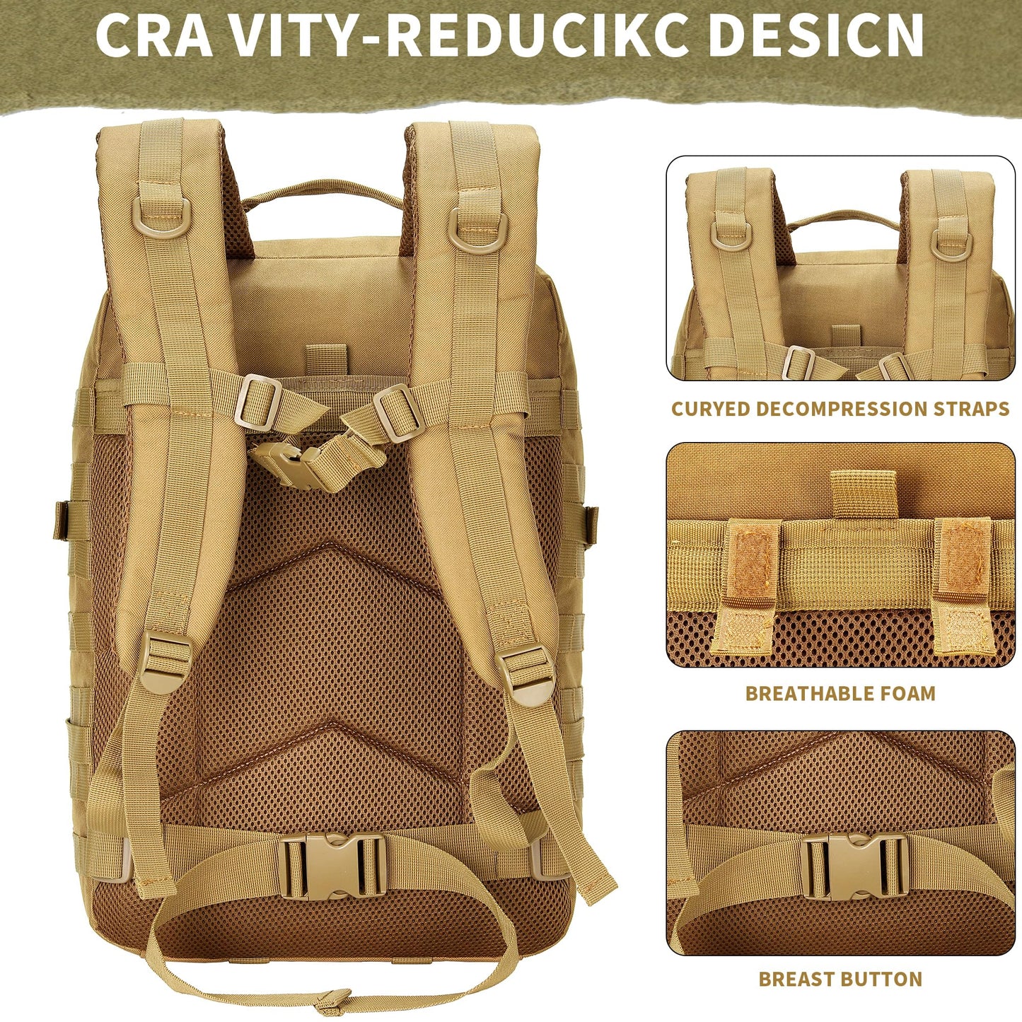 HongXingHai 45L Military Tactical Backpacks 3 Days Assault Pack Bag Fitness Rucksack 3 Day Bug Out Bag Hiking Treeking Molle Daypack (Khaki)