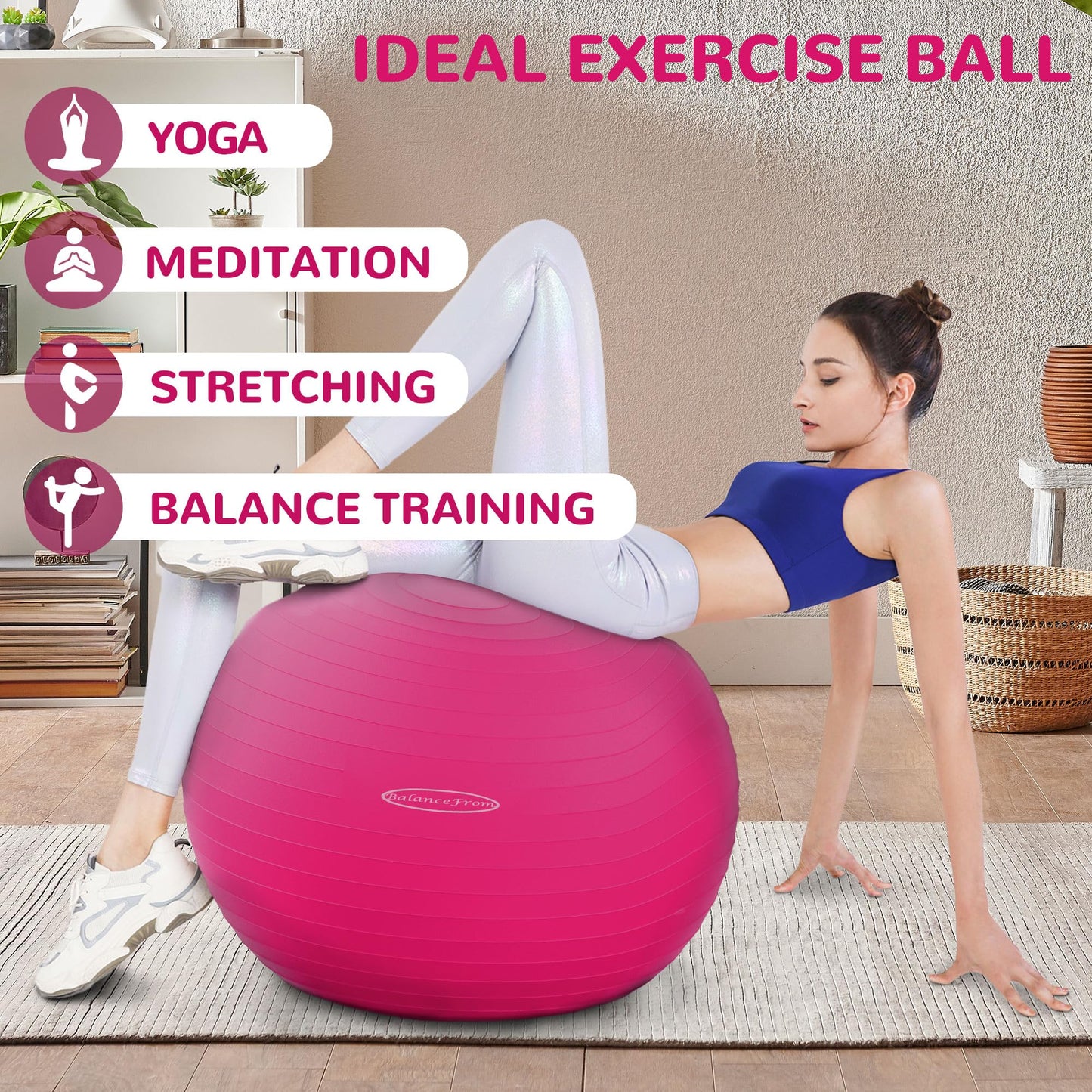 Fitvids Anti-Burst and Slip Resistant Exercise Ball Yoga Ball Fitness Ball Birthing Ball with Quick Pump, 2,000-Pound Capacity, Pink, 30-inch, XL