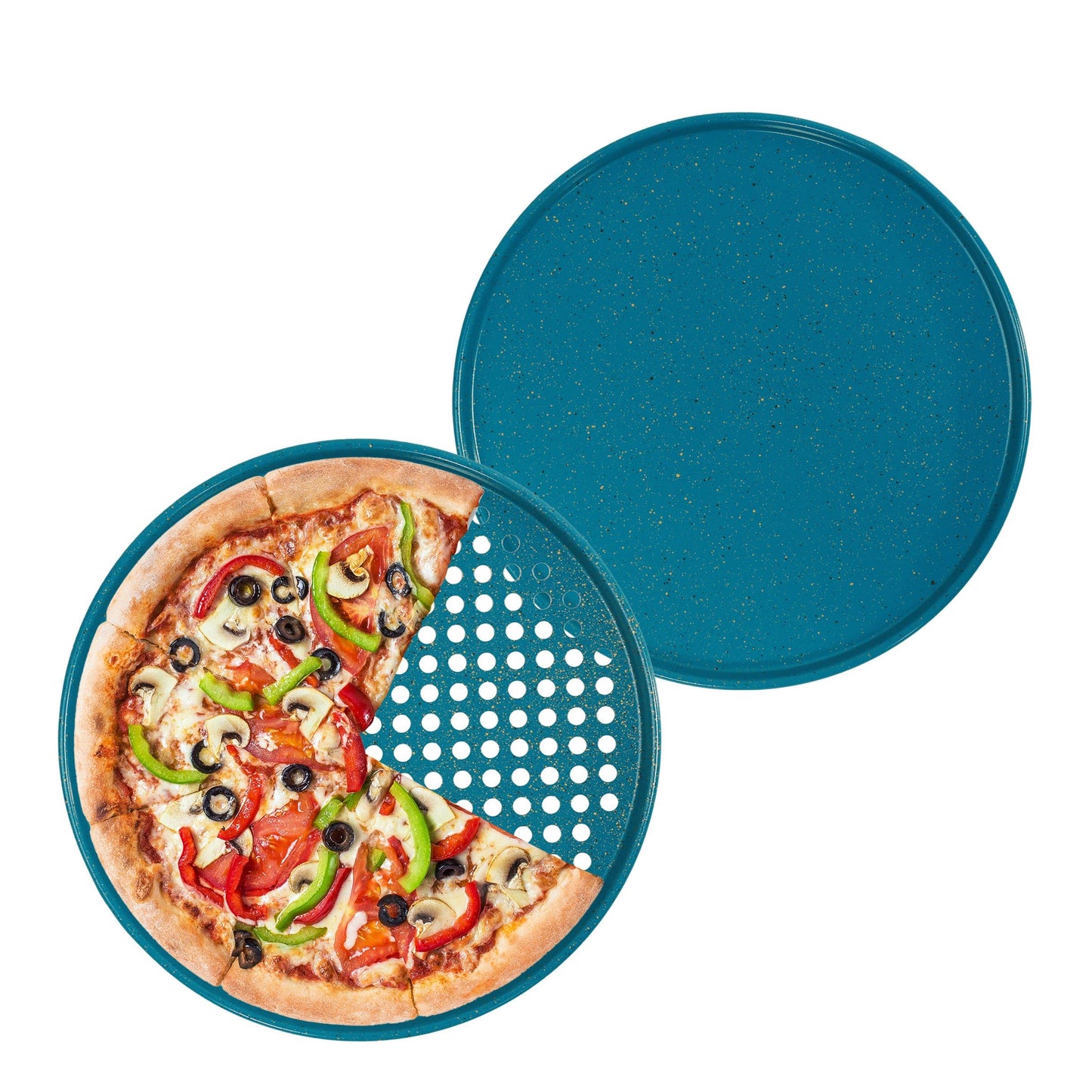 casaWare 2pc 12-inch Ultimate Pizza Pan Set, Nonstick, Ceramic Coated, (1) Solid, (1) Perforated (Blue Granite)