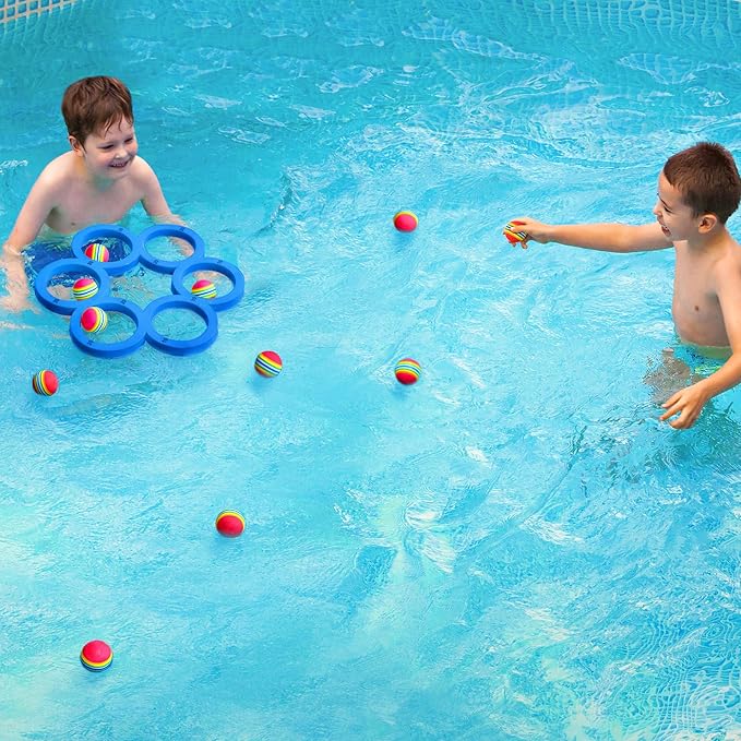 Hiboom Pool Game with Score, Combo Foam Pool Floats with 10 Colorful Tossing Balls, Toss Game Swimming Party Toys Accessories for Family Par, Dive Rings (Round,Blue)