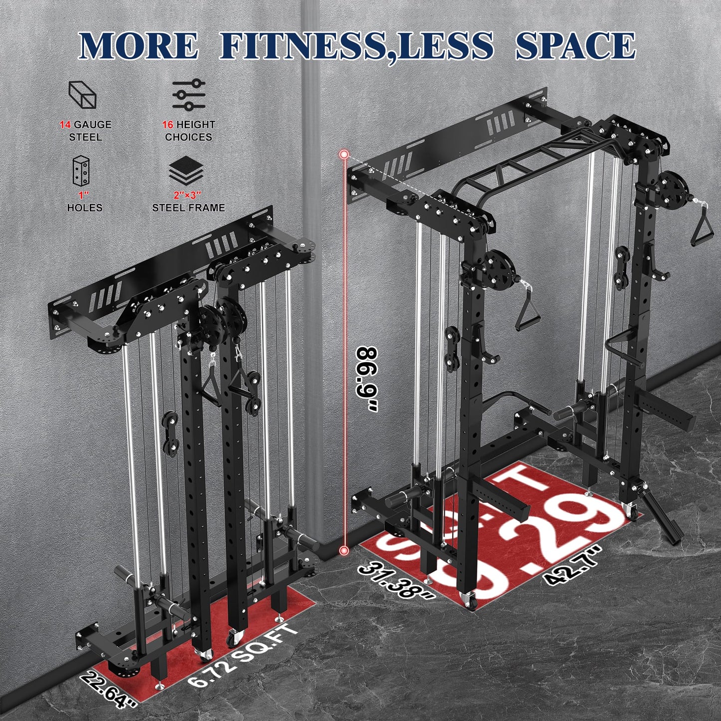 MEGASTAR FITNESS Power Cage, Folding Power Rack, 2000LBS Wall Mounted Squat Rack with Cable Pulley System, Landmine Attachment and Multi-Grip for Home Gym Small Space