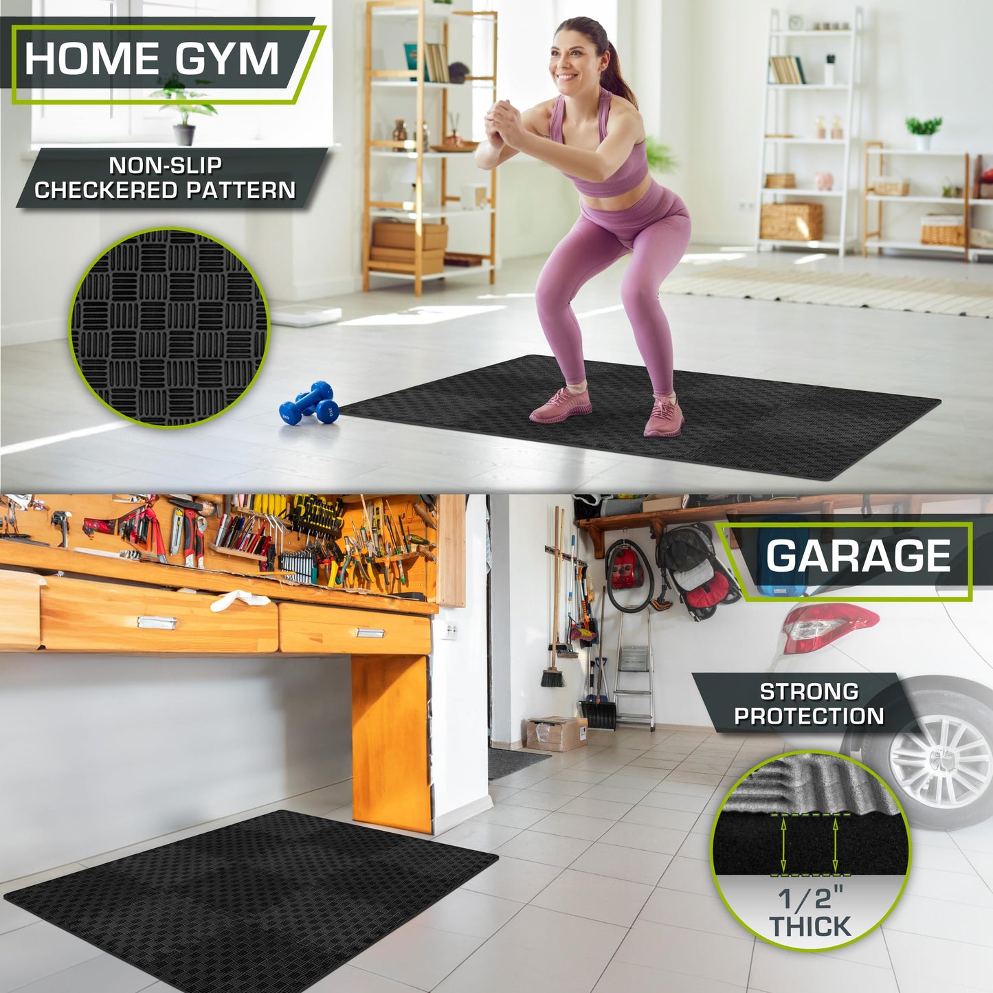 ProsourceFit Exercise Puzzle Mat ½-inch, Checkered EVA Foam Floor Tiles w/ Non-Slip Texture, Interlocking Design for Adjustable Gym Surfaces, Shock Absorbing, Black, 12 SQ FT - 12 Tiles
