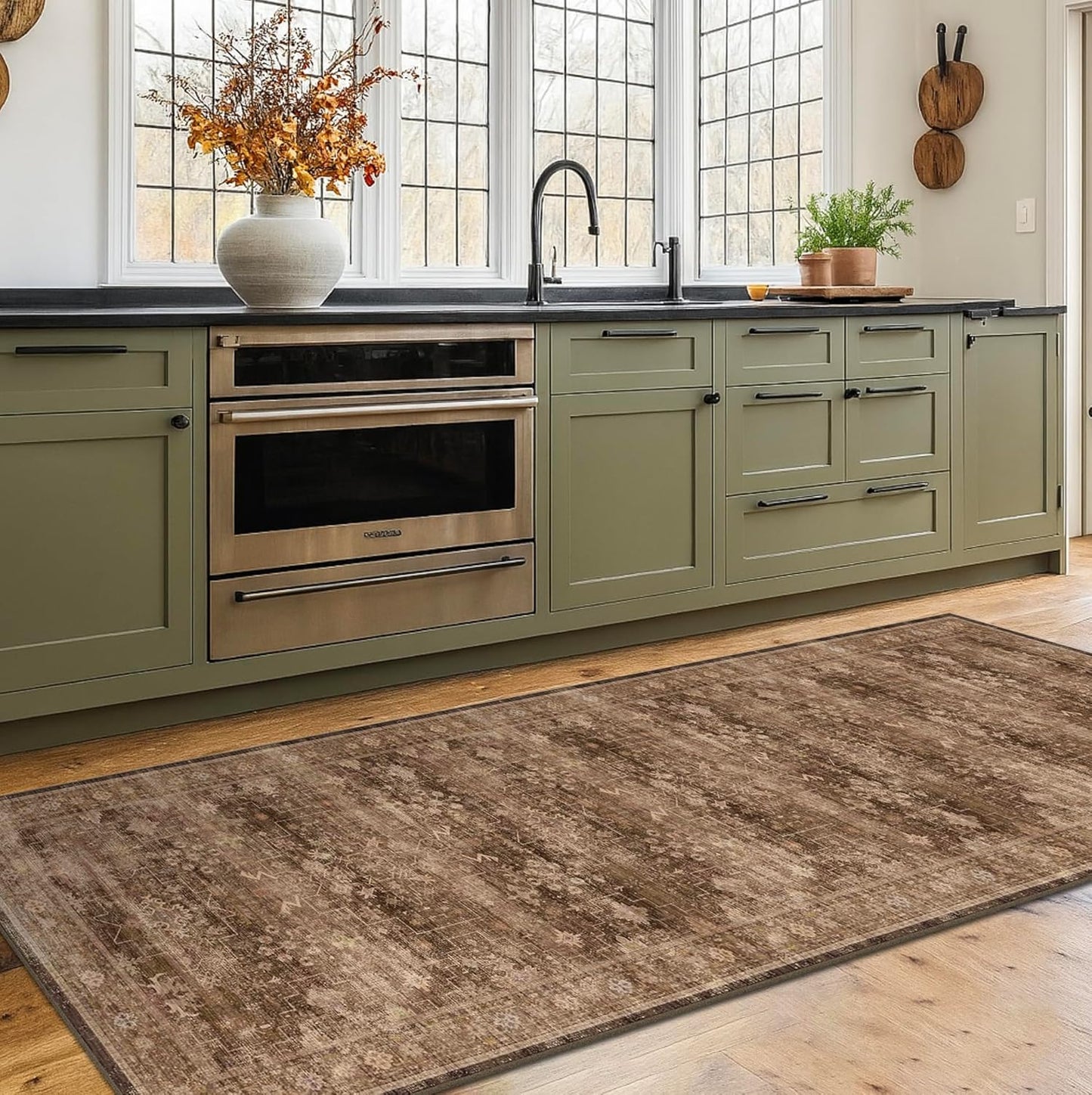 Skiennix Brown Boho Runner Rug - Washable 2x7, Non-Slip, Stain Resistant, Soft Faux Wool for Hallway & Kitchen