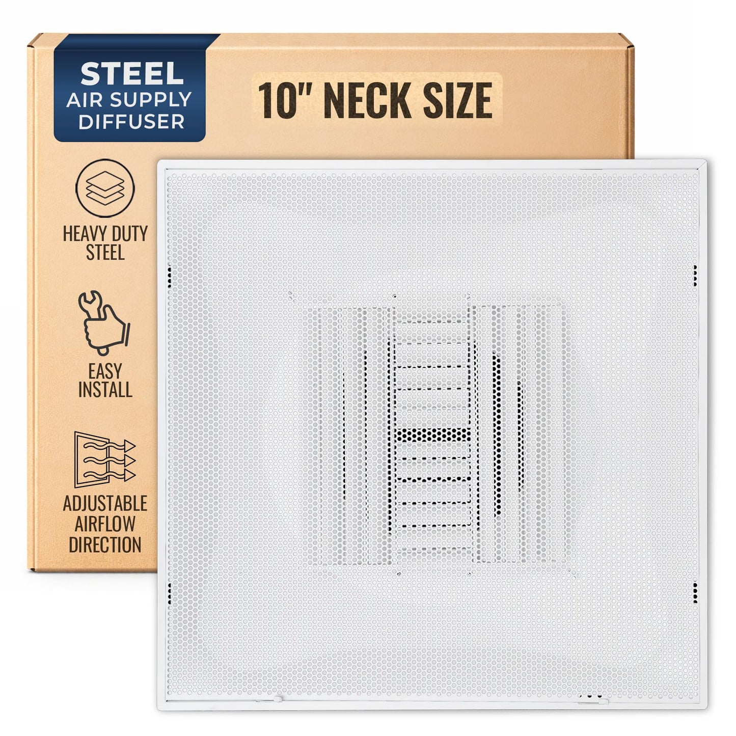 Fits 24x24 Steel T-Bar Ceiling Grid | 2x2 Feet Lay in Steel Perforated Face Air Supply Diffuser with Round 10" [Neck Size] by Handua | Ceiling Vent | White| Outer Dimension: 23-3/4" x 23-3/4"