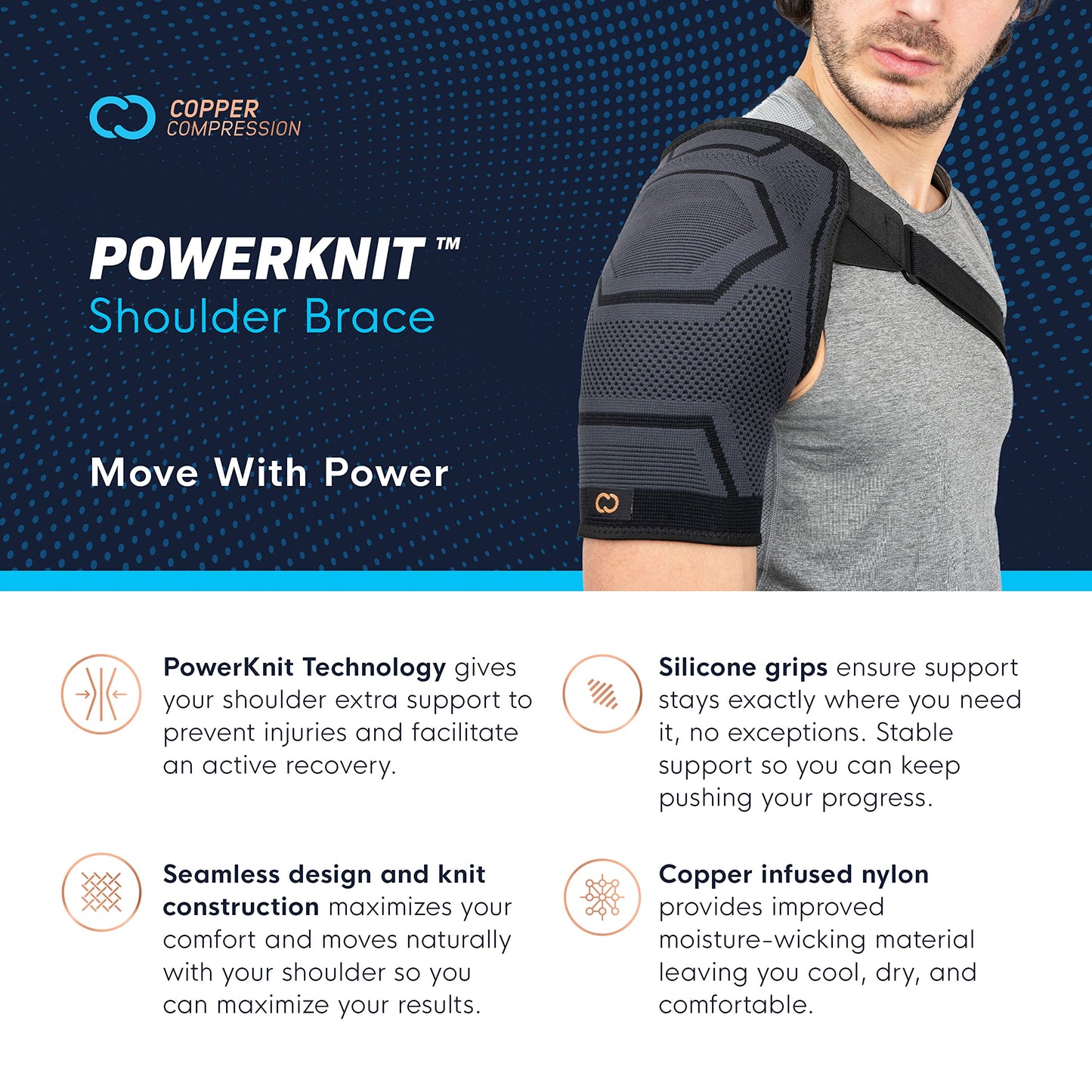 Copper Compression Shoulder Brace | Shoulder Pain Relief with PowerKnit Compression Technology | Shoulder Orthopedic Brace for Men & Women | Torn Rotator Cuff, Dislocation, & Other Shoulder Injuries