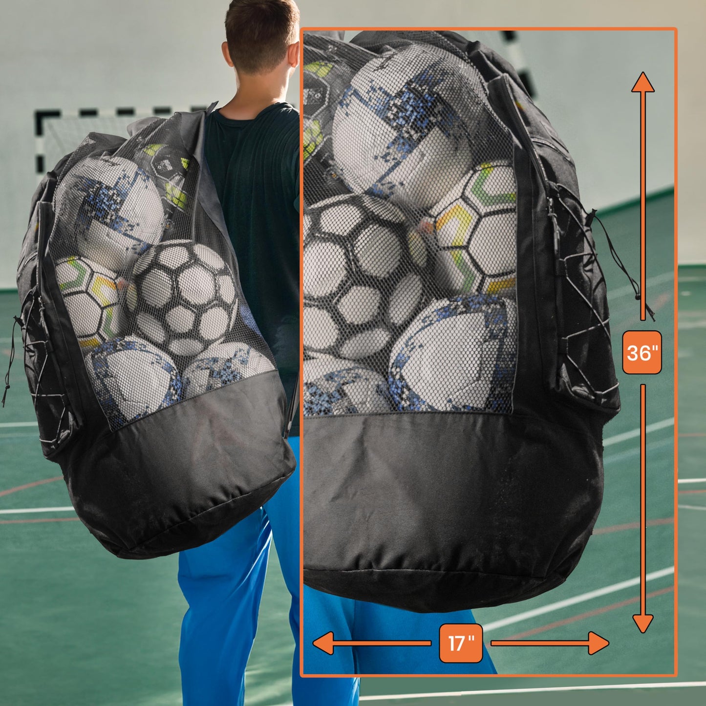 Fitdom Heavy Duty Large Soccer Mesh Equipment Ball Bag w/Adjustable Shoulder Strap Design for Coach. 2 Front Pockets for Sporting Accessories. Best for All Outdoor & Water Gears