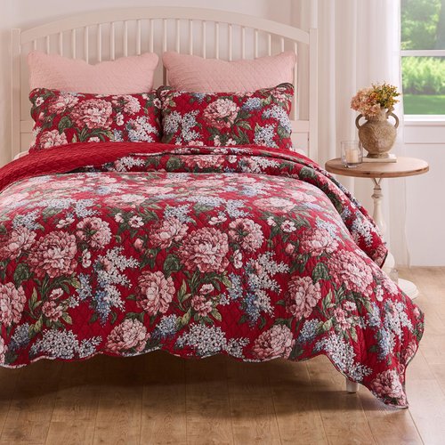 Greenland Home Millie Traditional Floral Cotton-Rich Quilt Set, 3-Piece King/Cal King, Garnet
