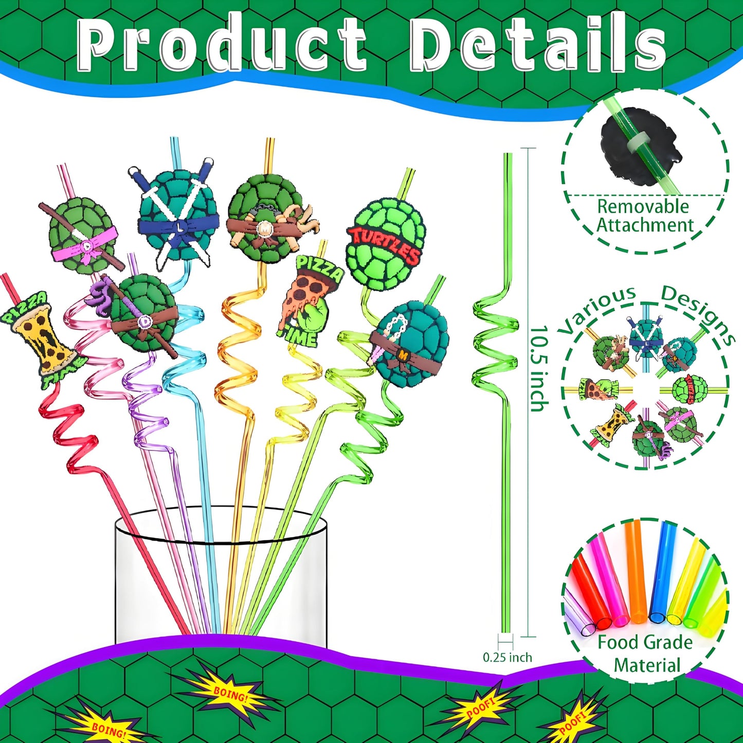 Reusable Ninja Green Turtles Themed Party Straws - 24 PCS Plastic Turtles Drinking Straws for Kids Birthday Party Decorations - Party Favors- Party Supplies with 2 Clean Brushes LEDUO
