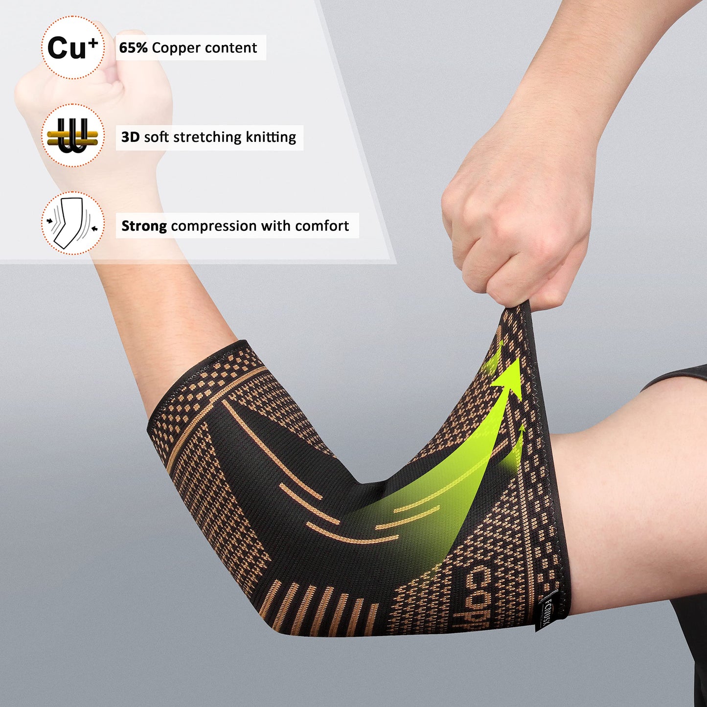 FCNUSX Copper Elbow Brace Compression Sleeves for Pain Relief Men & Women, Arm Support Forearm Pads Braces for Tendonitis, Tennis, Golfers, Arthritis, Weightlifting (Medium, Black)