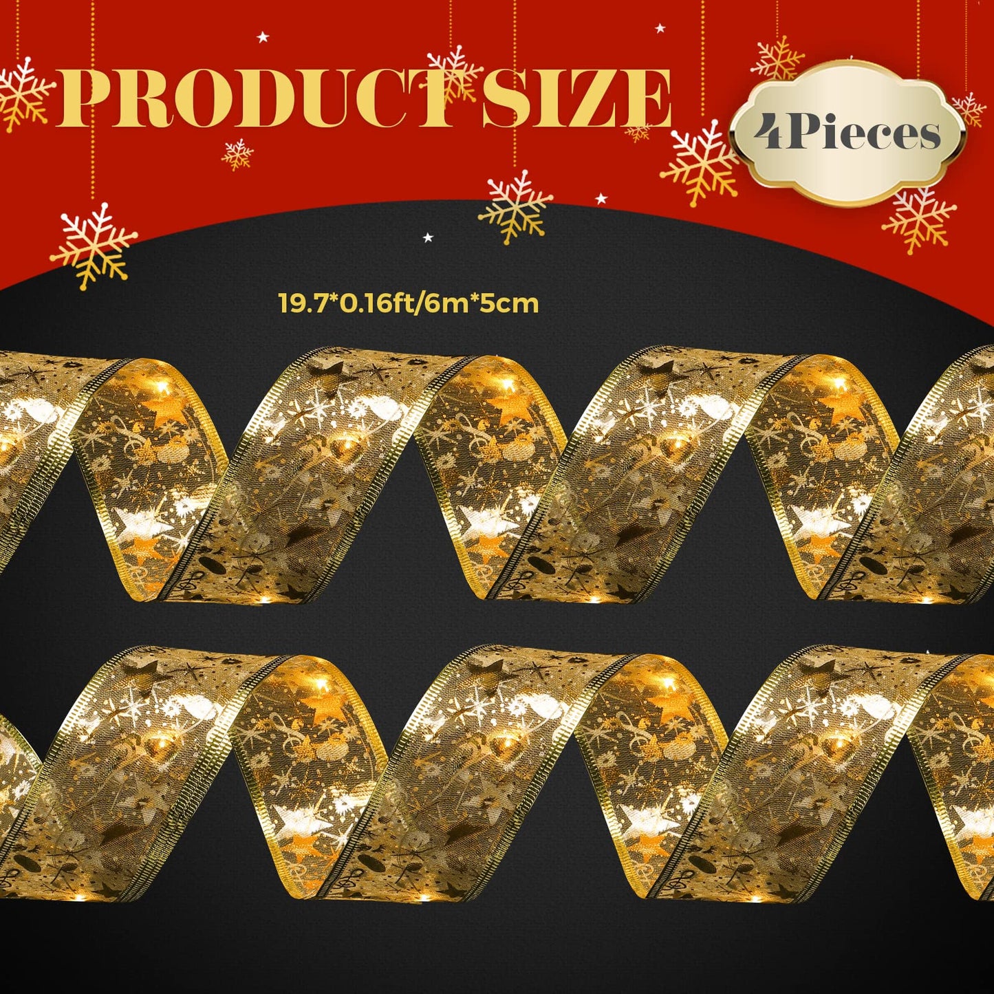 Sherr 79ft Christmas Ribbon Lights, 240 LED Fairy Lights, Battery Operated, Gold, Model SH-79FT-240-G-HD
