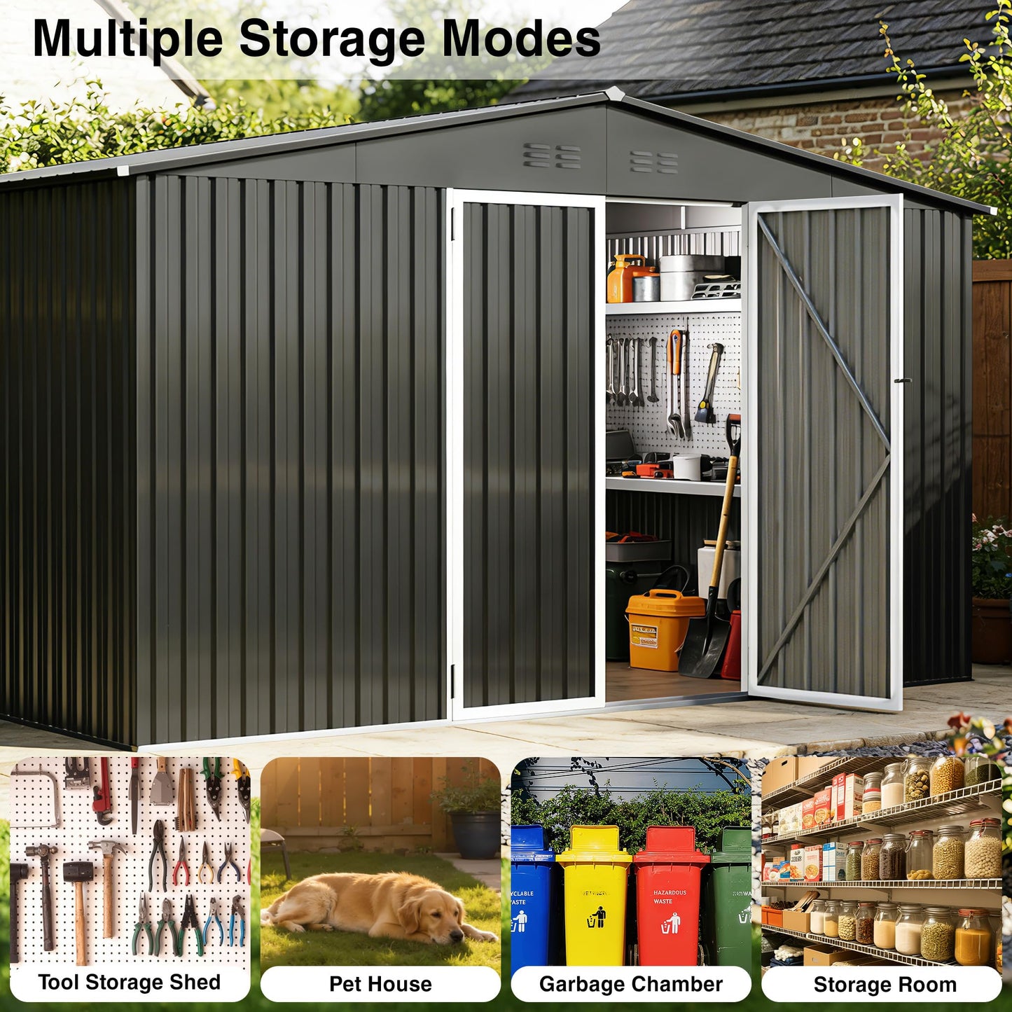 12 x 10FT Sheds & Outdoor Storage, Dark Grey Metal Waterproof Storage Shed with Door and Lock Outdoor Shed,All-Weather Shelter for Bike, Gardening Tools, Lawn Mowers