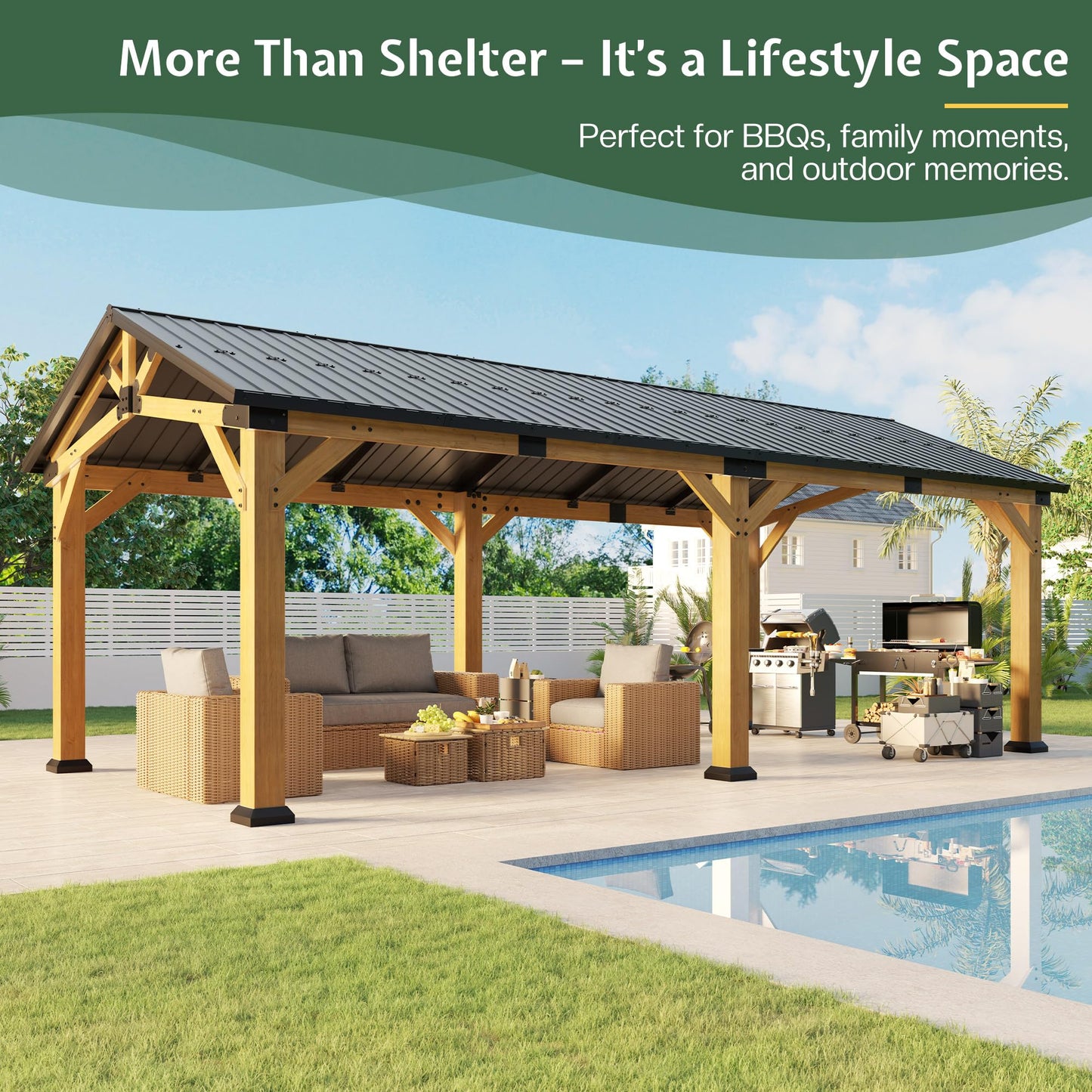 Jocisland 12x24x9.5 FT Cedar Wood Hardtop Carport with Galvanized Steel Roof, Waterproof Outdoor Gazebo Pavilion, Heavy-Duty Snow & Wind Resistant Canopy for Patio, Driveway, Garden