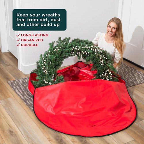 HOLDN’ STORAGE Premium Wreath Storage Bag - Durable Waterproof Christmas Container - 48"W x 8"D - Red