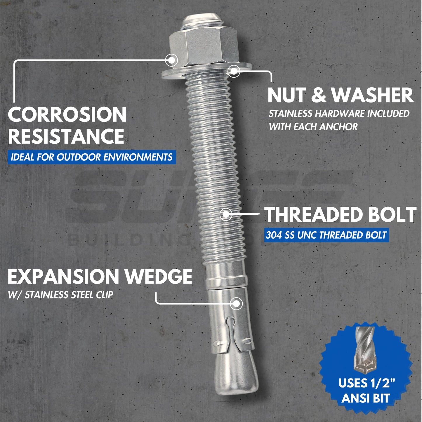 1/2" X 4-1/2" 304 Stainless Steel Wedge Anchors for Concrete and Cement | Heavy-Duty 1/2" Stainless Steel Bolts for Outdoor and Coastal Applications (Box of 25)