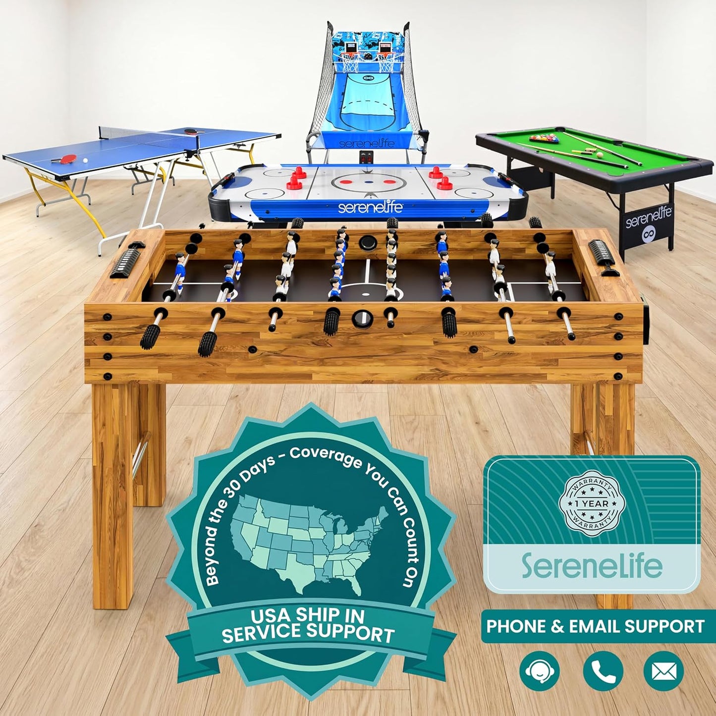 SereneLife 48-Inch Competition Foosball Table - Adjustable Height Arcade Soccer Game for Home | Includes 2 Balls & Cup Holders