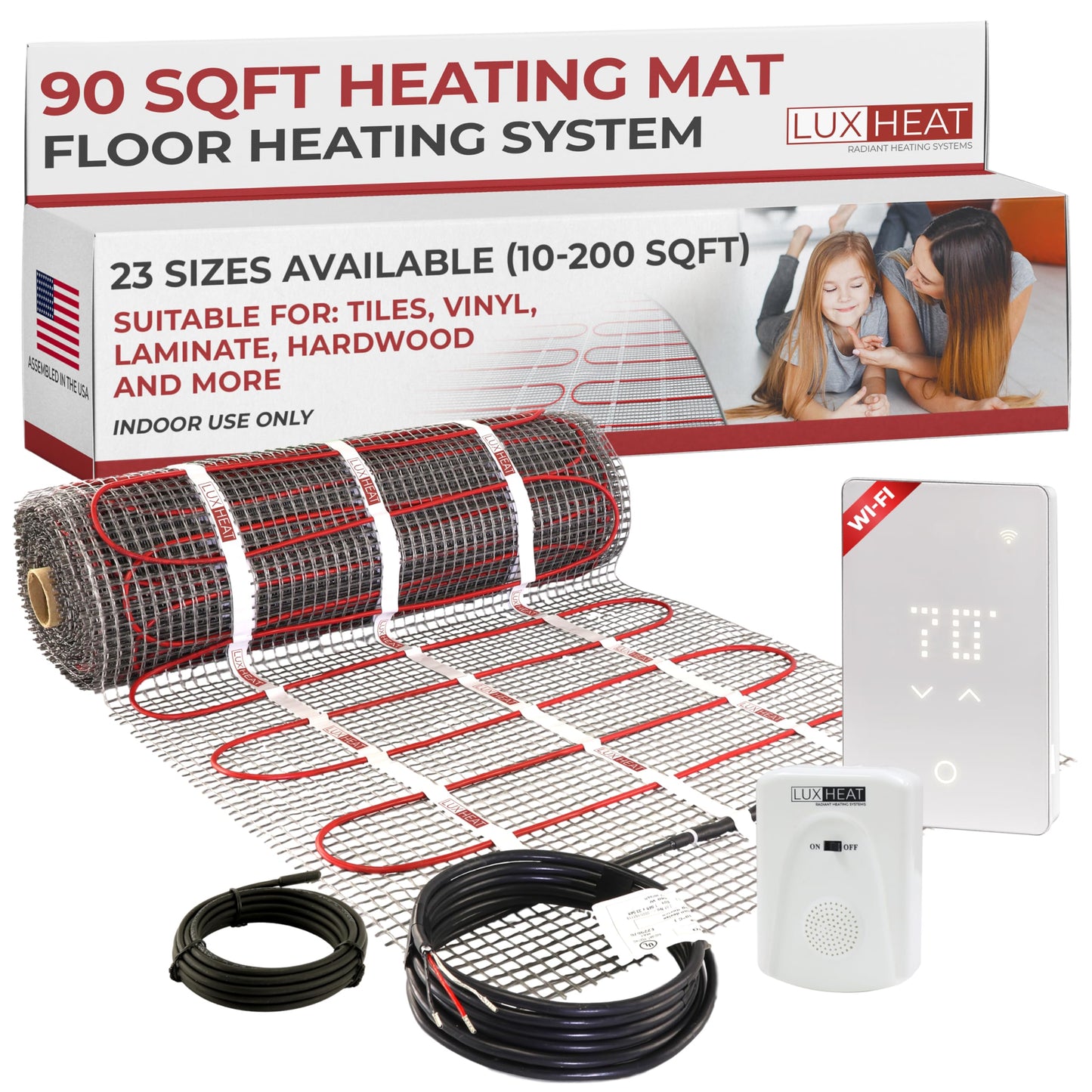 LuxHeat 90sqft Floor Heating Mat Kit - 120v In Floor Heating Mat for Tile, Laminate - Easy to Install Infloor Heat System - Includes UWG5 WiFi Programmable Thermostat w/GFCI, Alarm & Flooring Sensor