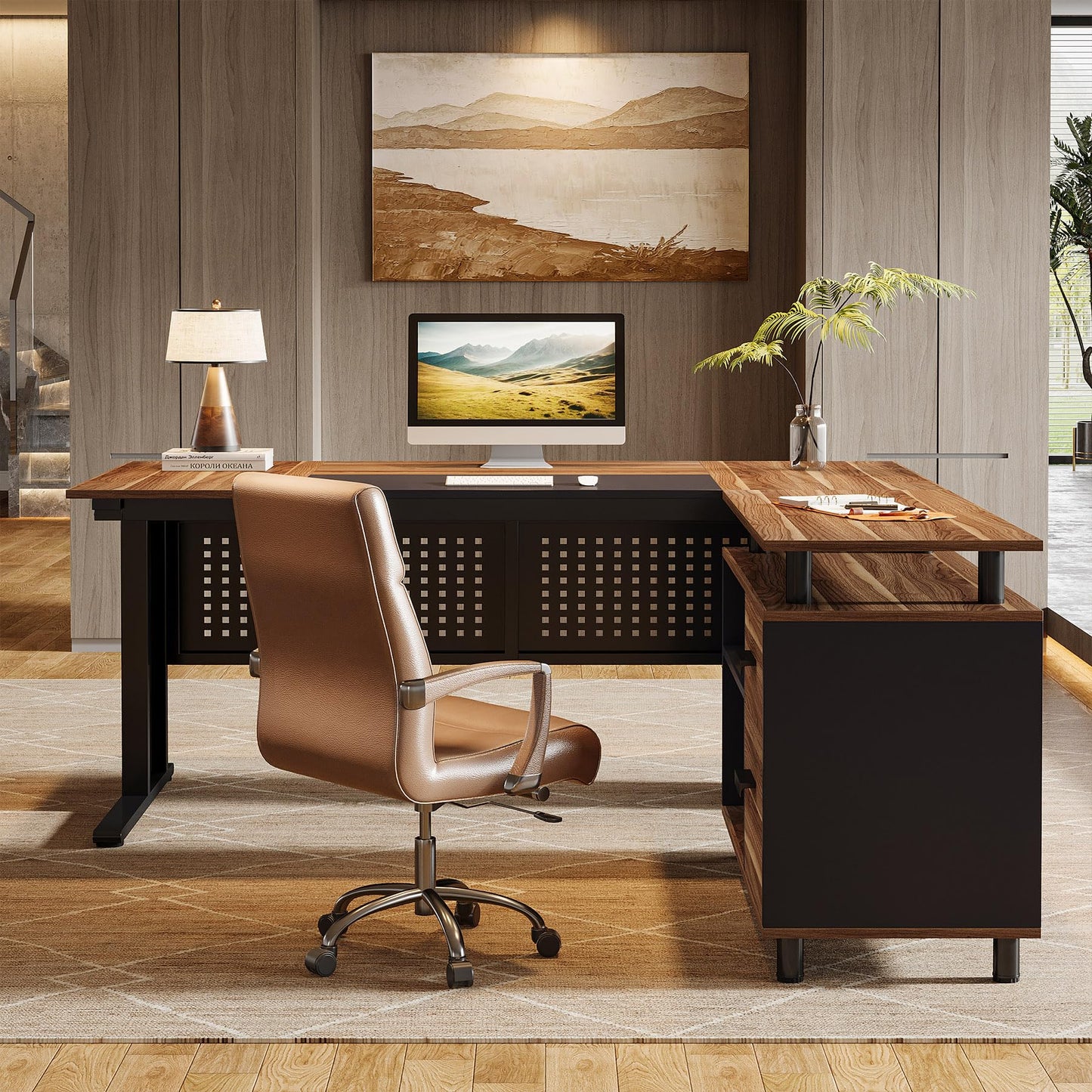 Tribesigns 63-Inch L-Shaped Executive Desk with Storage Shelves, Large Office Computer Desk with Drawers and File Cabinet, Industrial Business Workstation for Home Office, Brown and Black