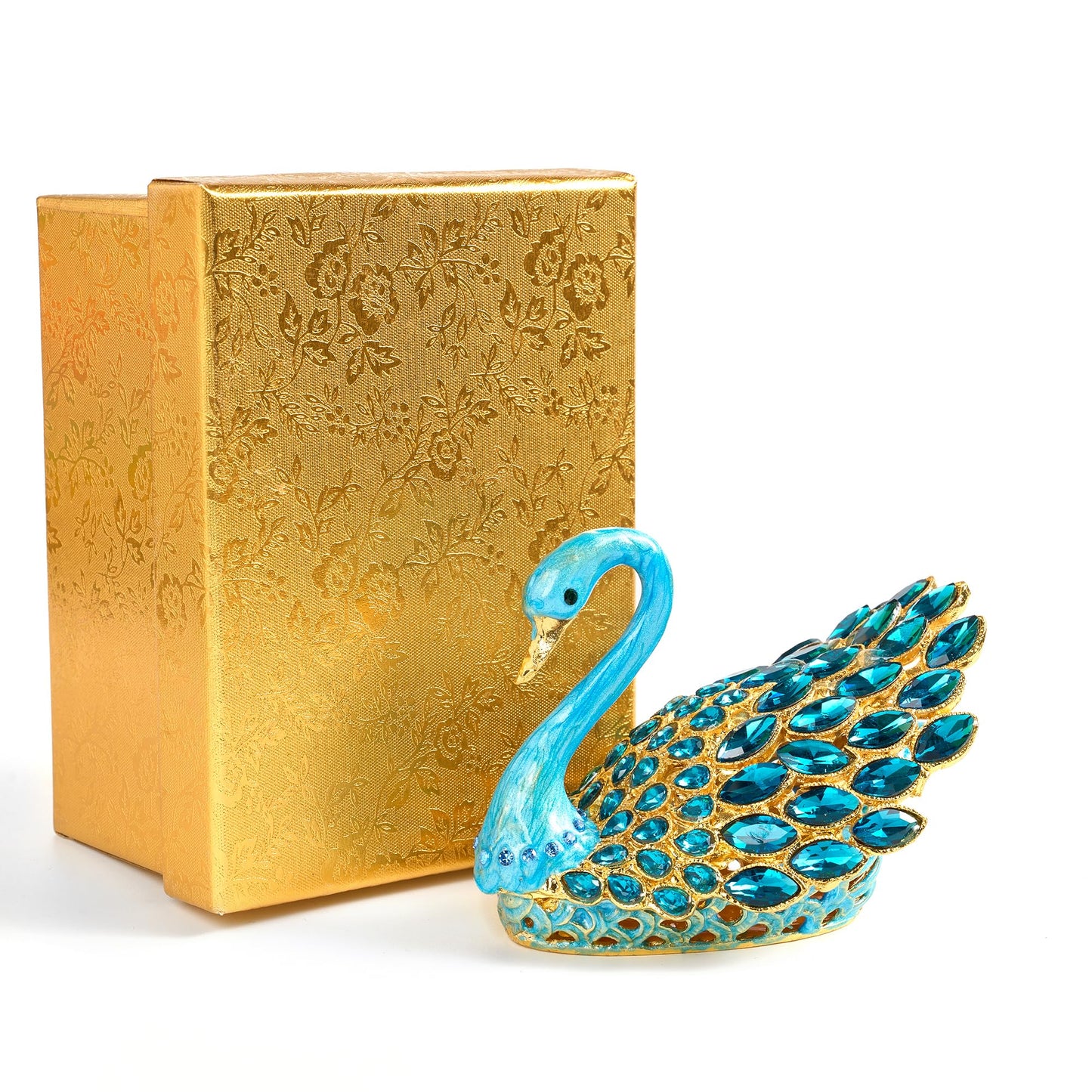 SEVENBEES 3.7-inch Blue Swan Figurine Jewelry Trinket Box, Enamel Hand-painted Swan Box with Gems, Hinged Jewelry Boxes - Ring Holder, Organizer, Home Decor, Wedding Favor Gift