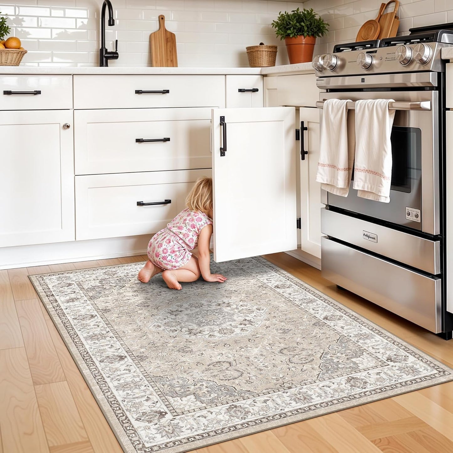 Skiennix Washable 3x4 Floor Mats - Non-Slip Water-Resistant Area Rug for Kitchen & Living Room | Beige