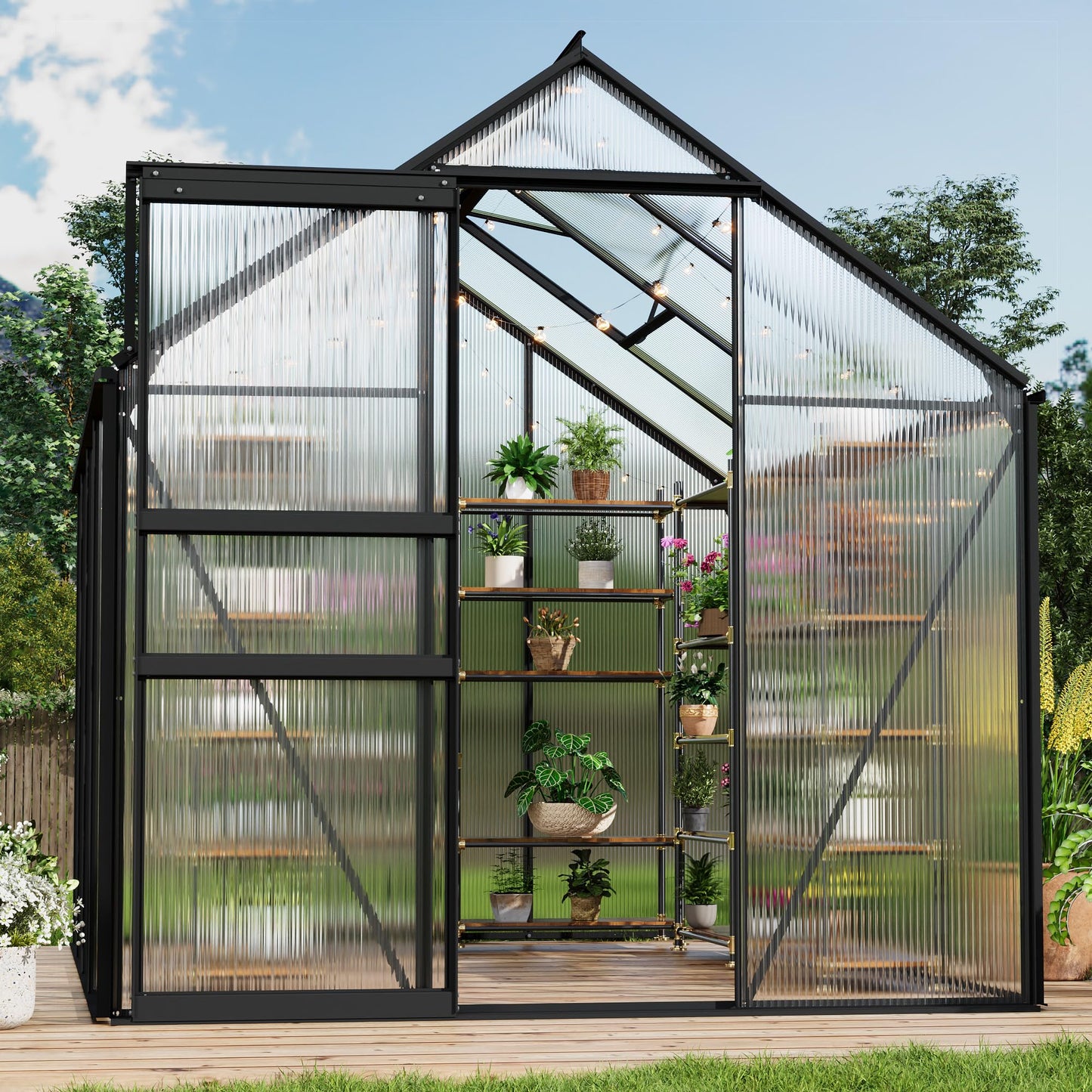 6x8FT Greenhouse for Outdoors, Walk-in Polycarbonate Greenhouse with Sliding Door, Adjustable Roof Vent & Gutter System, Portable Outdoor Green House Kit for Winter Gardening