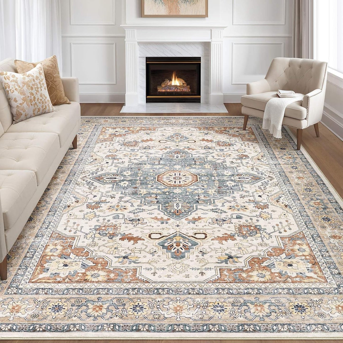 Skiennix 9x12 Area Rug - Washable Boho Vintage Soft Carpet | Stain Resistant, Non-Slip, Beige & Blue