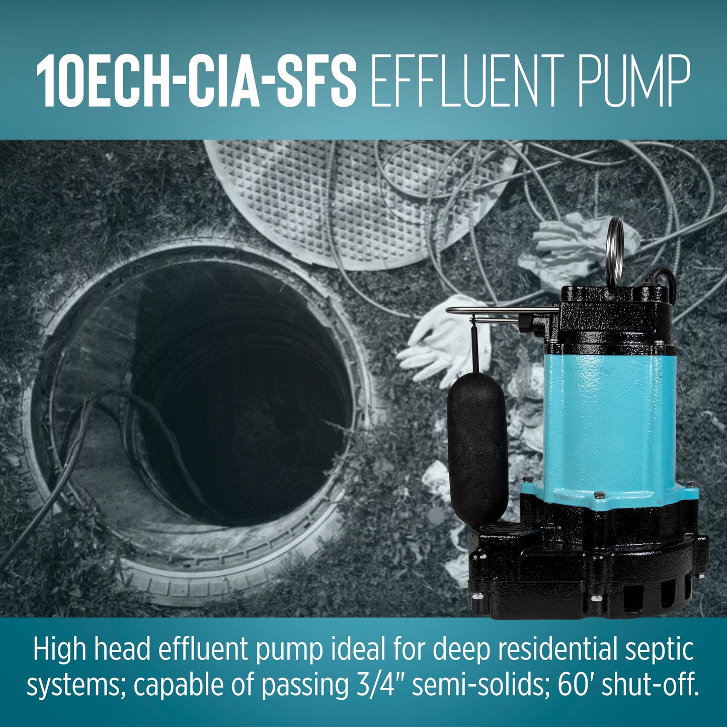 Little Giant 10ECH-CIA-SFS 115-Volt, 1/2 HP, 3600 GPH Automatic Submersible Cast Iron High Head Effluent Pump with Integral Snap-Action Float Switch and 20-Ft. Cord, Blue, 511623