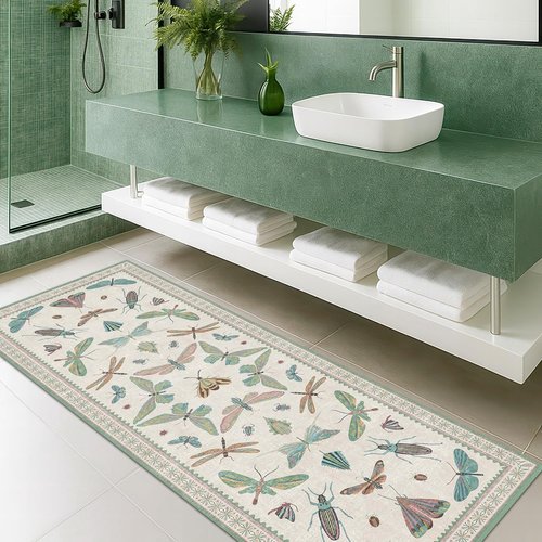 Hazo Haus Boho Bathroom Runner - 2x6 Non-Slip Washable Blue & Green Rug | Butterfly Insect Print Decor