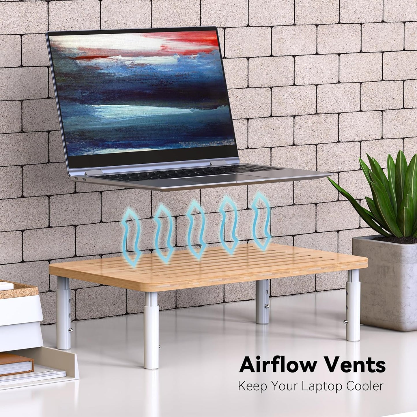 4 Bamboo Monitor Stand Riser, Adjustable Height, Laptop Stand with Airflow Vents, Desk Organizer for Computer, PC