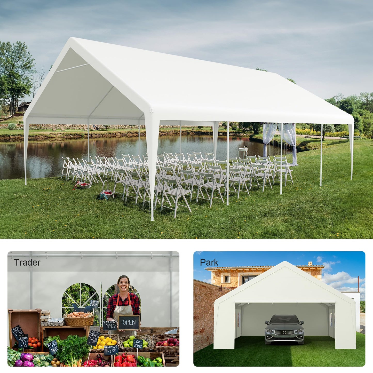 GOJOOASIS Heavy Duty 20 x 26 Car Port Large Metal Shelter Carports Portable Garage Canopy Tent for Parties, Event, RV, Boat (20x26ft)