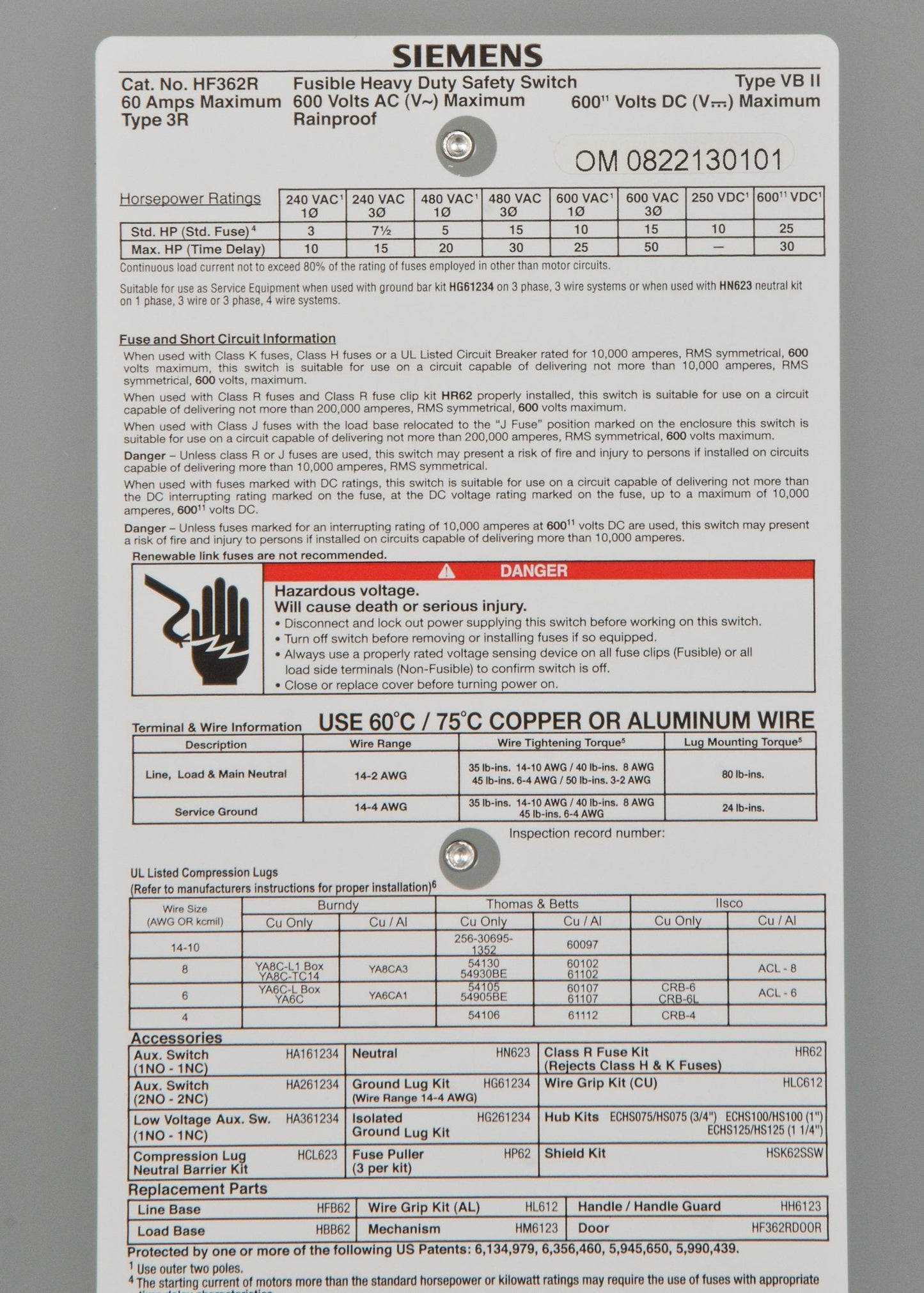 Siemens HF362R 60-Amp 3 Pole 600-volt 3 Wire Fused Heavy Duty Safety Switches