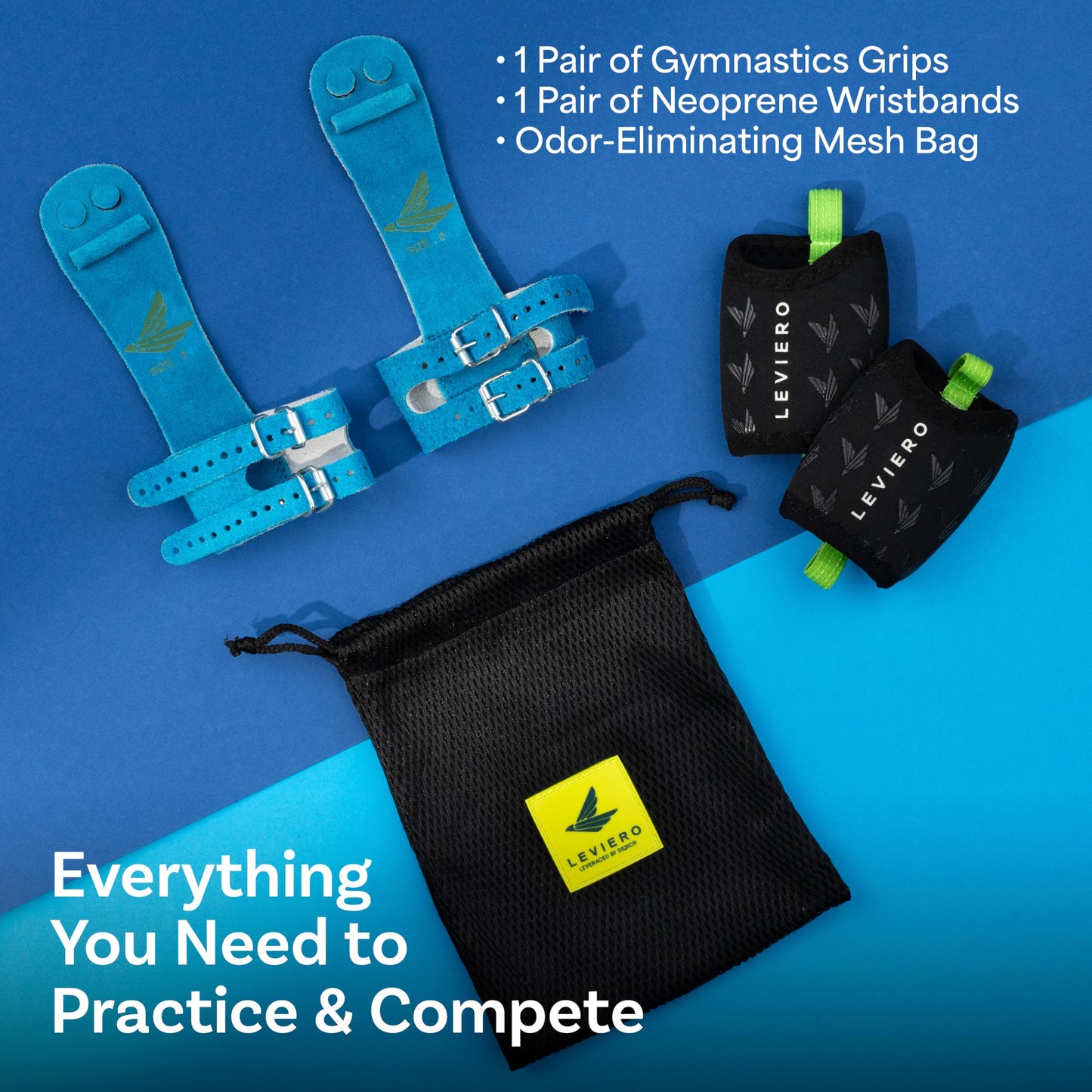 LEVIERO Gymnastics Grips Set Narrow Squeeze, Grips for Gymnastics Girls, Dowel Grips with Soft Leather, Double Buckle Wrist Closure, and Adjustable Finger Holes, for All Ages - (Aqua, 000)
