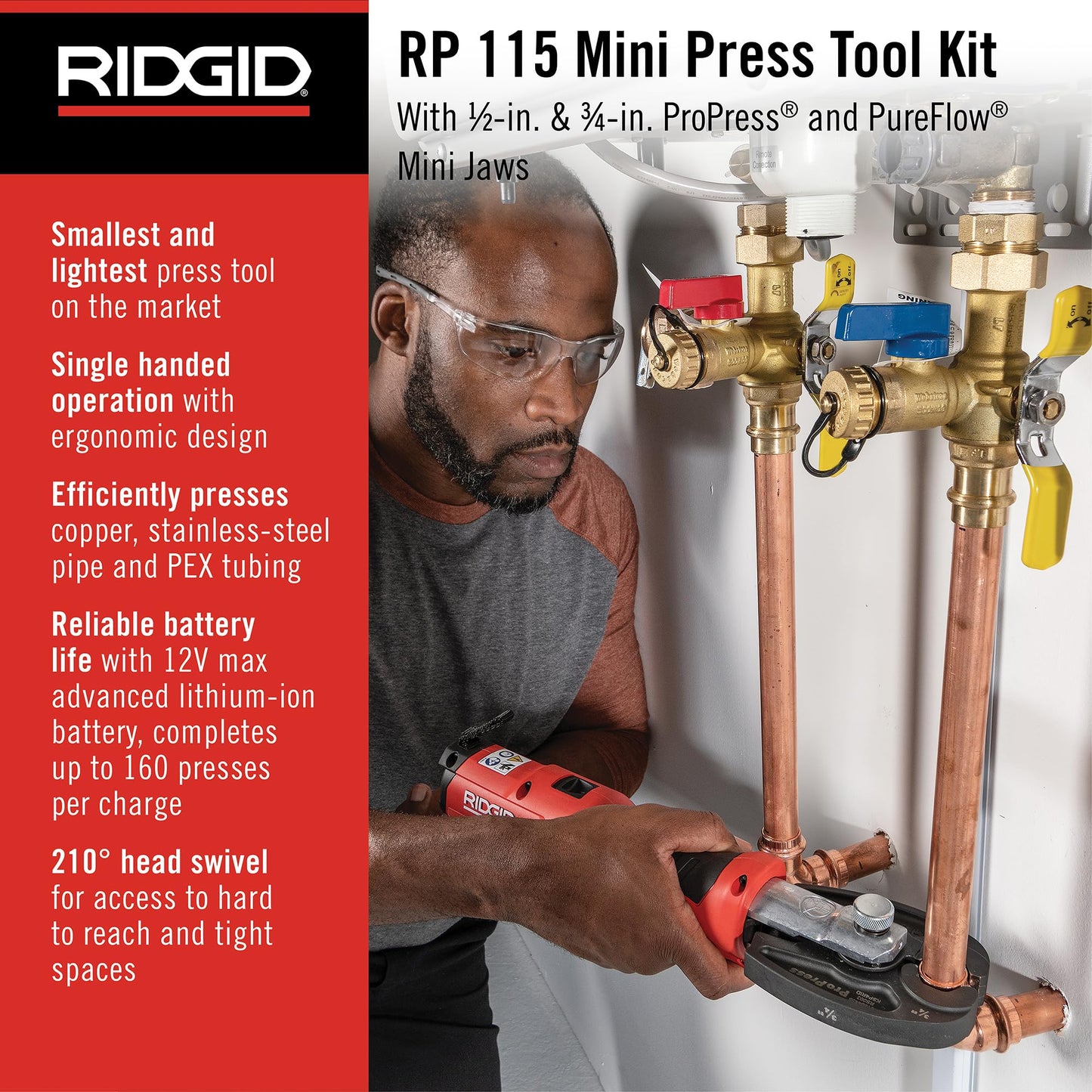 RIDGID 72558 Model RP 115 Mini Press Tool and Battery Kit with 1/2" to 3/4" ProPress and PureFlow Press Tool Jaws, 2V Li/Ion Battery, 12V Charger, and Carrying Case