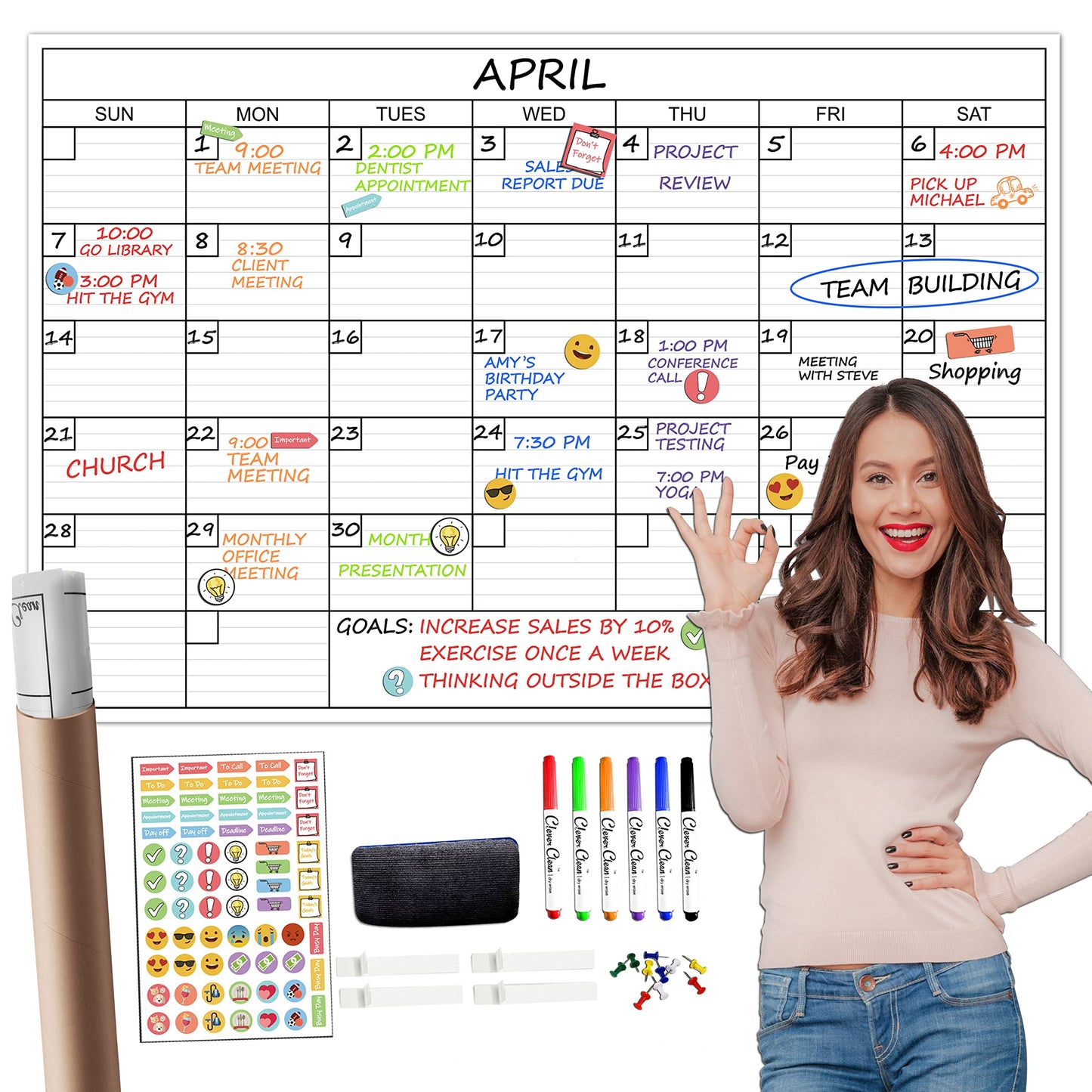 Large Dry Erase Wall Calendar - 24"x 36" Undated Monthly Calendar for Home, Office, Classroom - Reusable Laminated Task Organizer