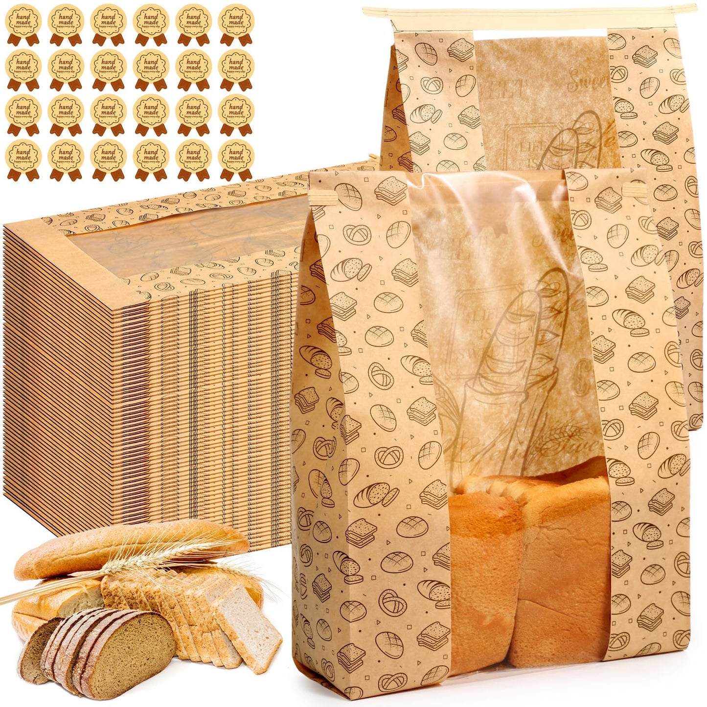 Feifeiya 150 Pack Kraft Paper Bread Bags for Homemade Sourdough Bread Bag with Clear Window 13.7 x 8.2 x 3.5 Large Bakery Packaging for Treat Storage Gift Giving with Seal Sticker