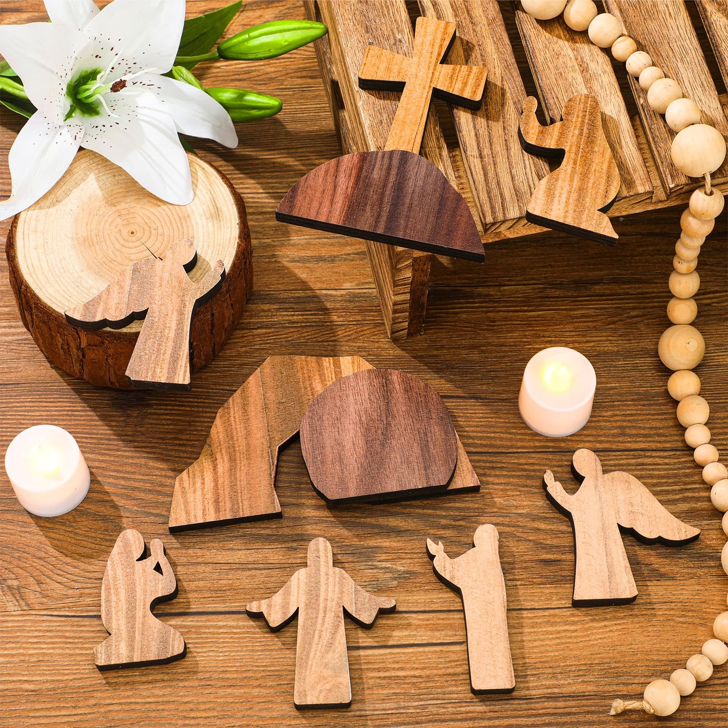 Wesiti 8 Pcs Easter Resurrection Scene Set Empty Tomb Easter Christian Cross Decorations Scene Wooden Decor Jesus Tray Set Tray with Nativity for Home Decoration Collectible Figurines