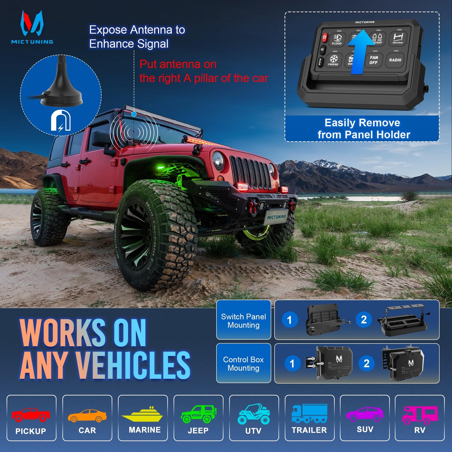 MICTUNING P1s-AC Wireless RGB 8 Gang Switch Panel, 433MHz Remote Control Range Up to 165FT Plug and Play 12V Multifunction Toggle Momentary Strobe Pulsed Circuit Control Relay System Box for Car RV
